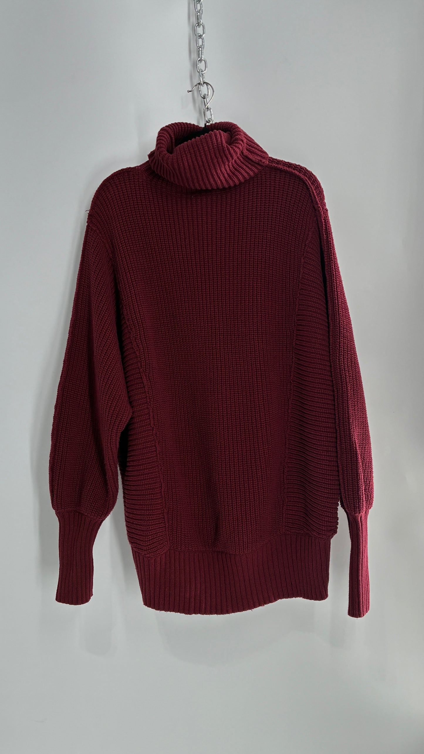 Free People Oversized Heavy Thick Knit Maroon Turtle Neck Sweater (Large)