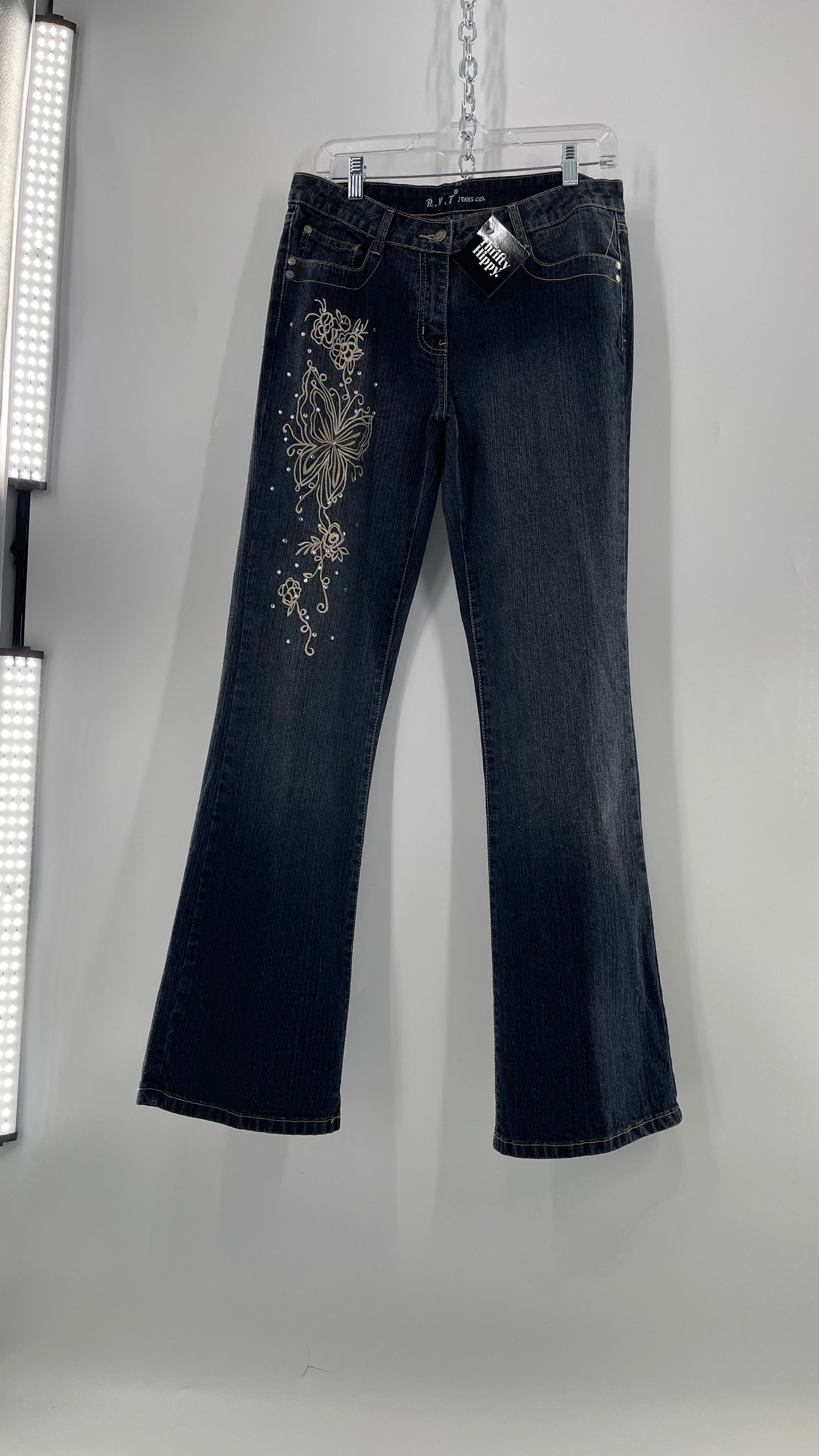 Vintage RVT Grey Kickflare Jeans with Butterfly Embroidery and Rhinestone Embellishment (9/10)