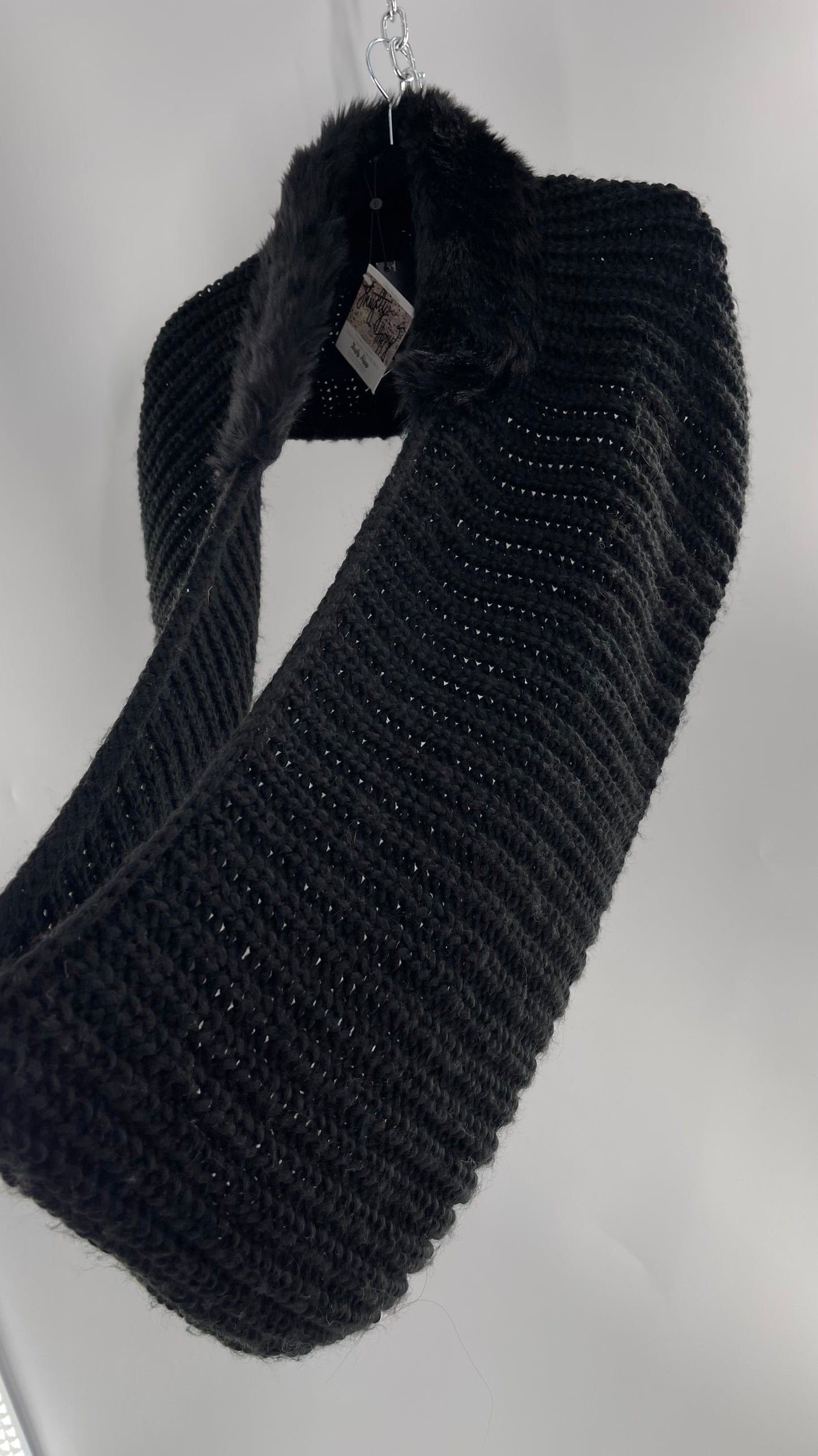 Comma Black Knit Infinity Scarf with Fur Trim Collar and Tags Attached
