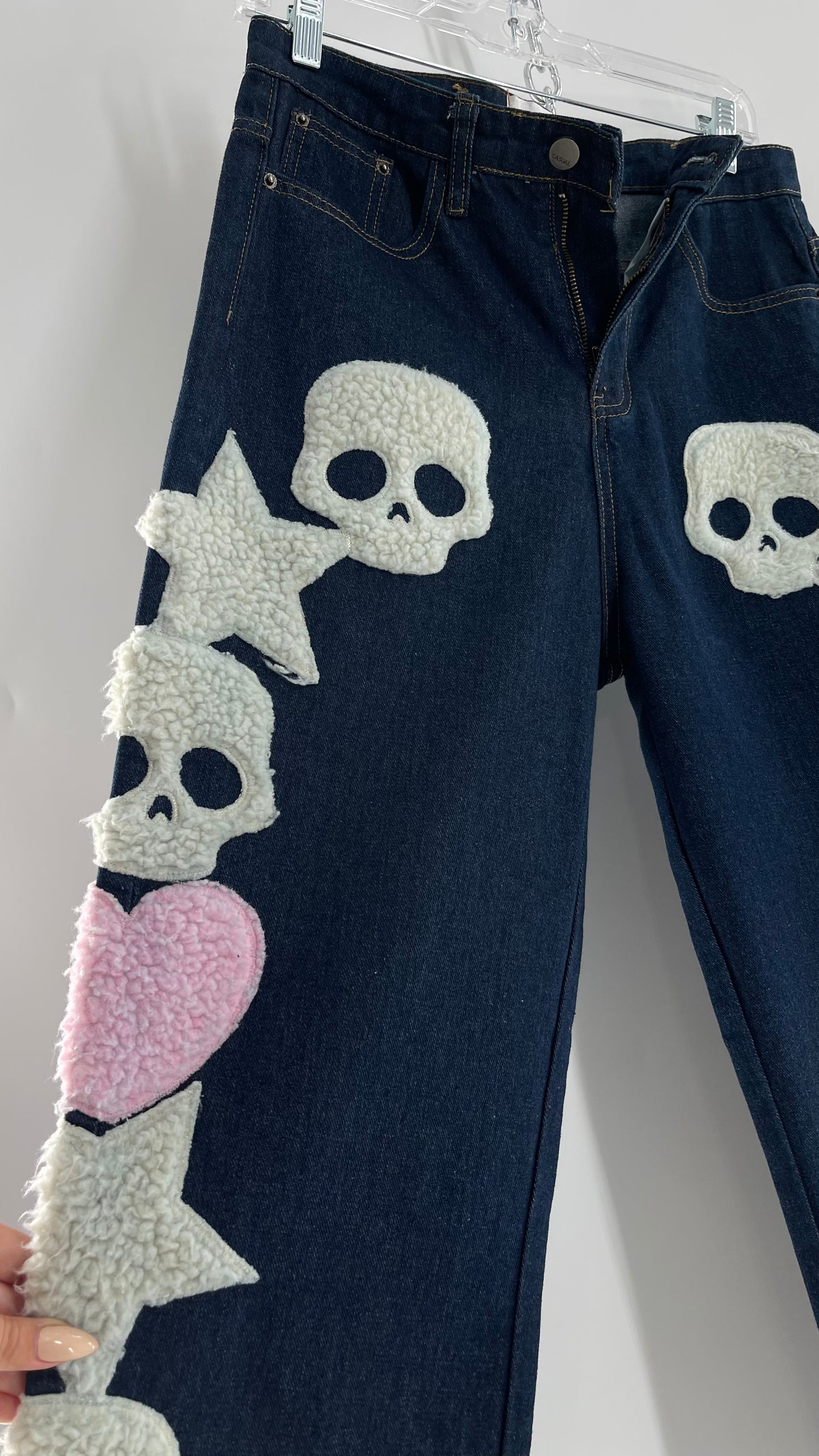 MadeExtreme Dark Wash Denim with Skull/Heart Patches and Bum Embroidery (Medium 8)