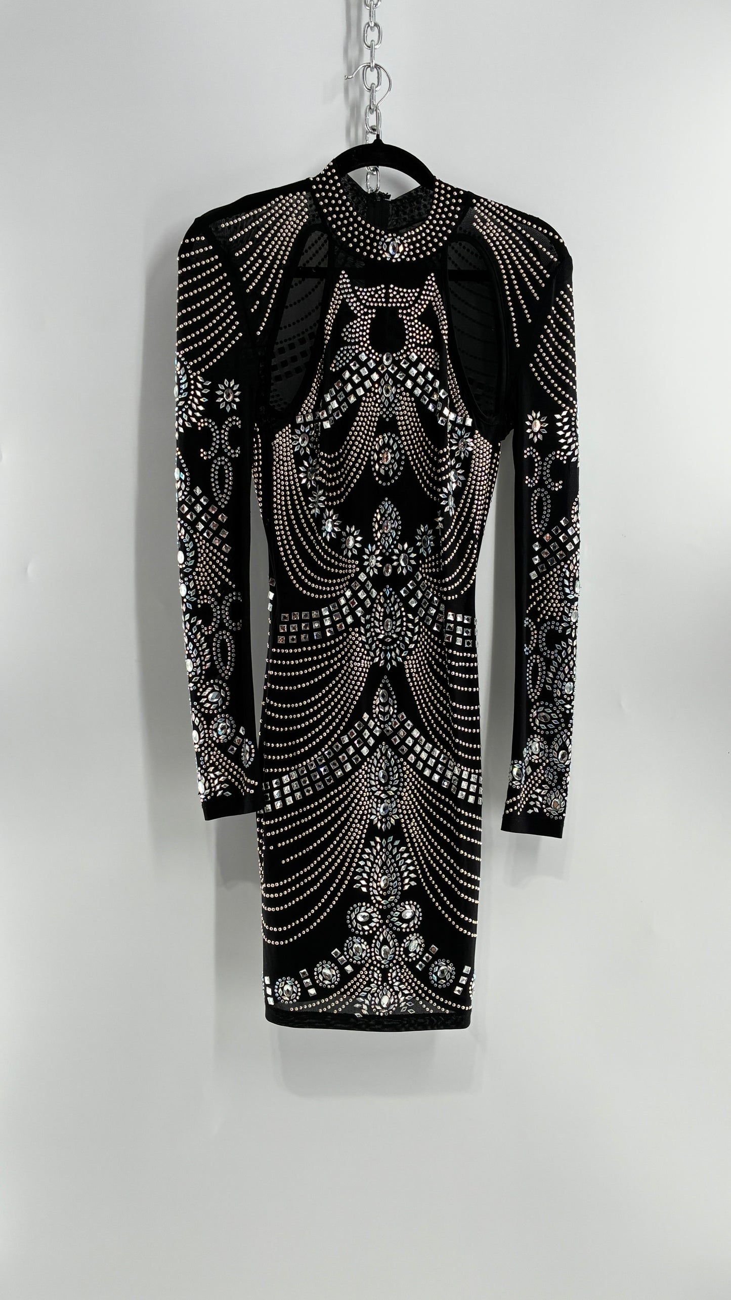 Black Bedazzled Mini Dress with Cut Out Details Covered in Gems (Small)