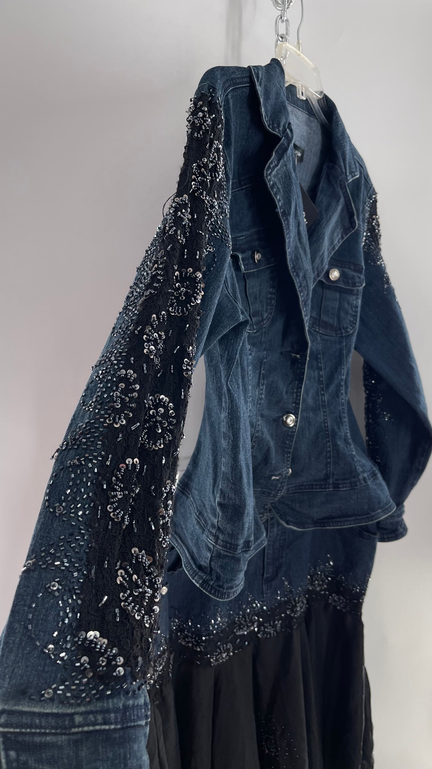 Vintage Ashley Stewart Denim Skirt and Button Up Set with Black Embroidered and Beaded Lace Details + Handkerchief Skirt (16W)