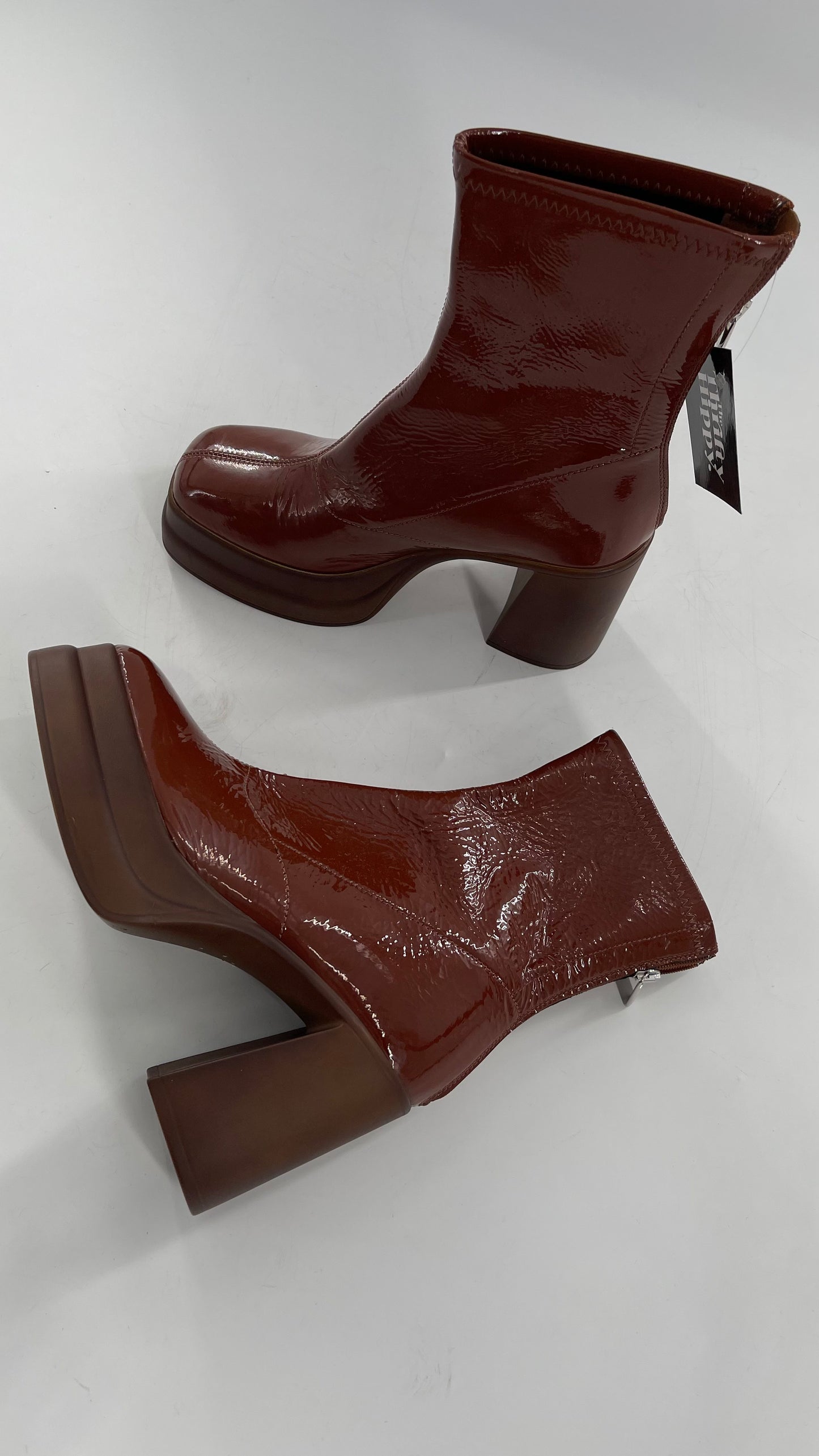 Free People Double StackedGlossy Patent Chestnut Brown Platform Boots with Chunky Heels (37.5)