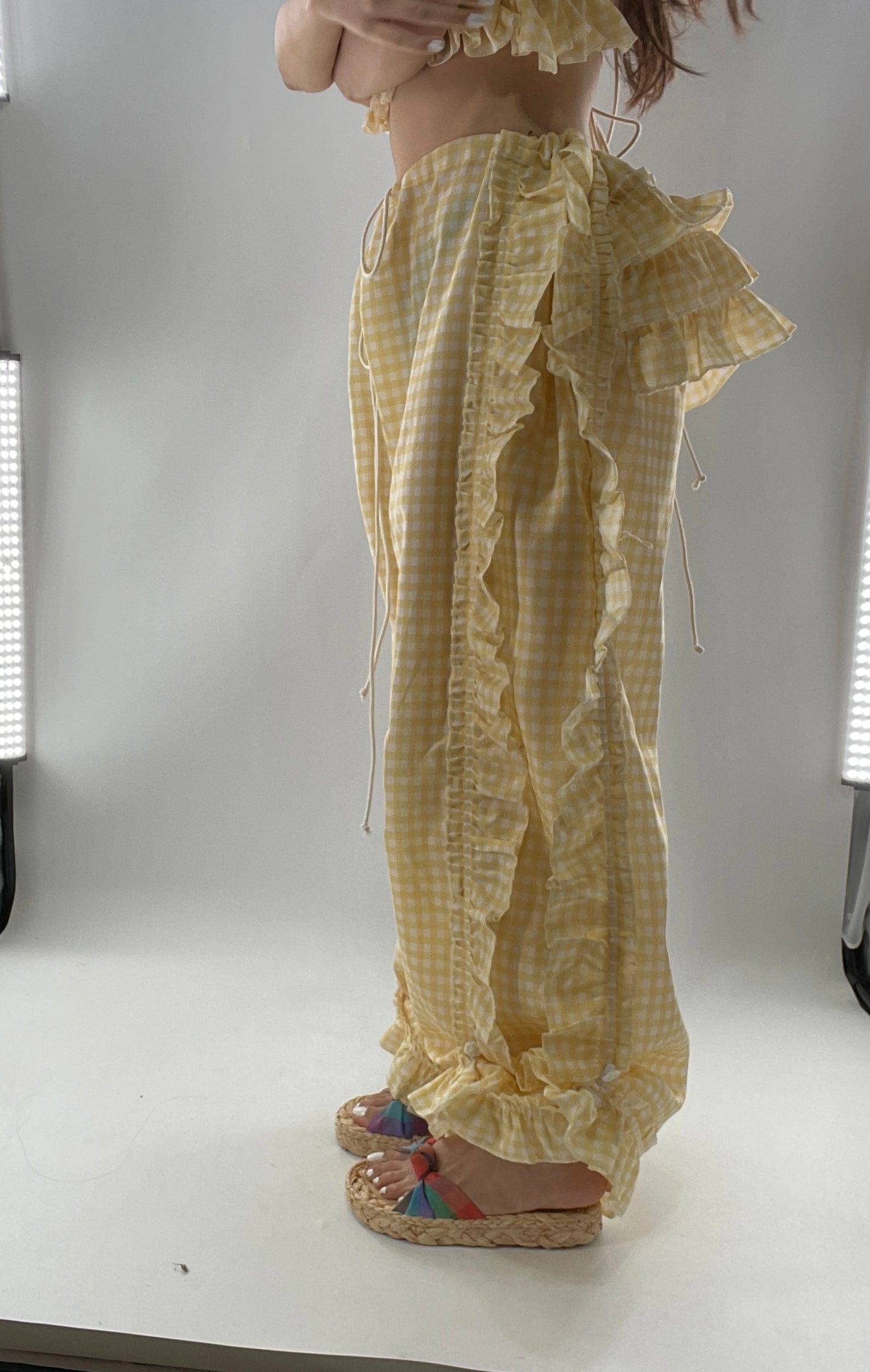 Vintage 2 Piece Yellow Checkered/Gingham Patterned Picnic Set with Ruched Bust Top and Ruffle Side Wide Legs with Adjustable Length, Strap Up Buttons on Hem (One Size)