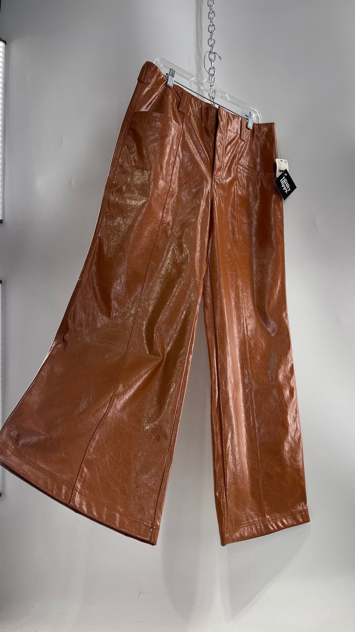 Free People Star Cross Lovers Cognac Brown Vegan Faux Leather Wide Leg Baggy Trouser(12)