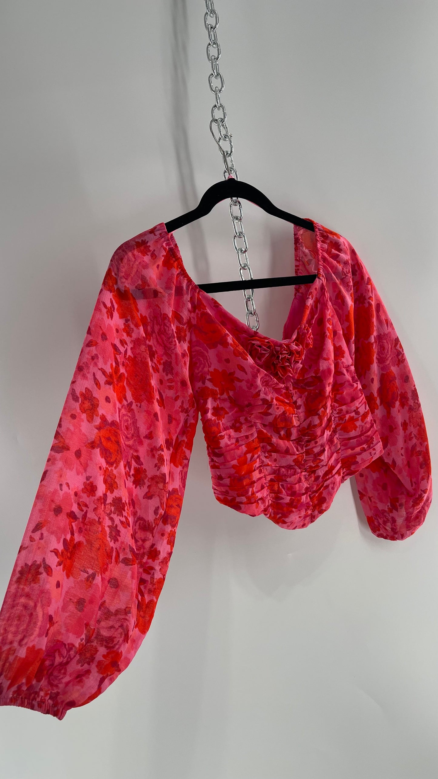 Free People Cropped Floral Blouse with Ruched Body, Balloon Sleeves and Appliqué Rosette Bustline with Tags Attached (Small)