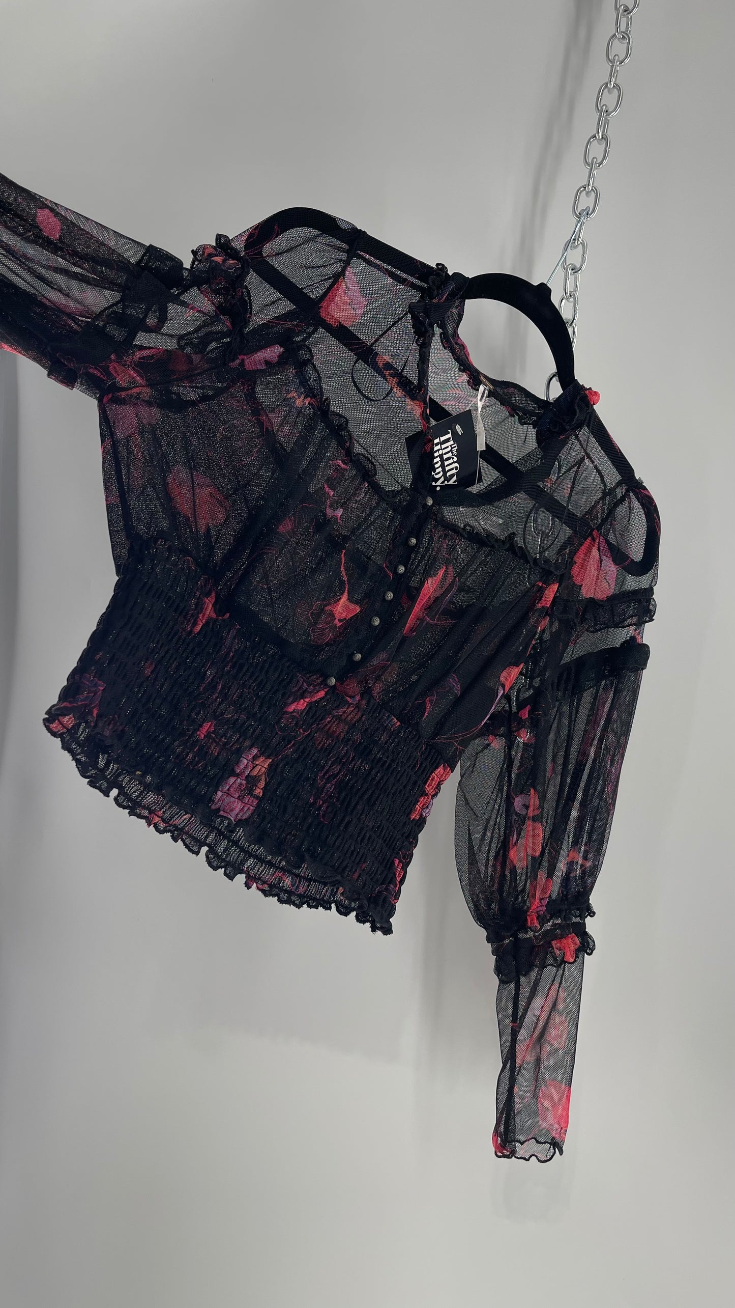 Free People Black Mesh Top with Smocked Waist, Buttoning and Contrasting Florals (Medium)