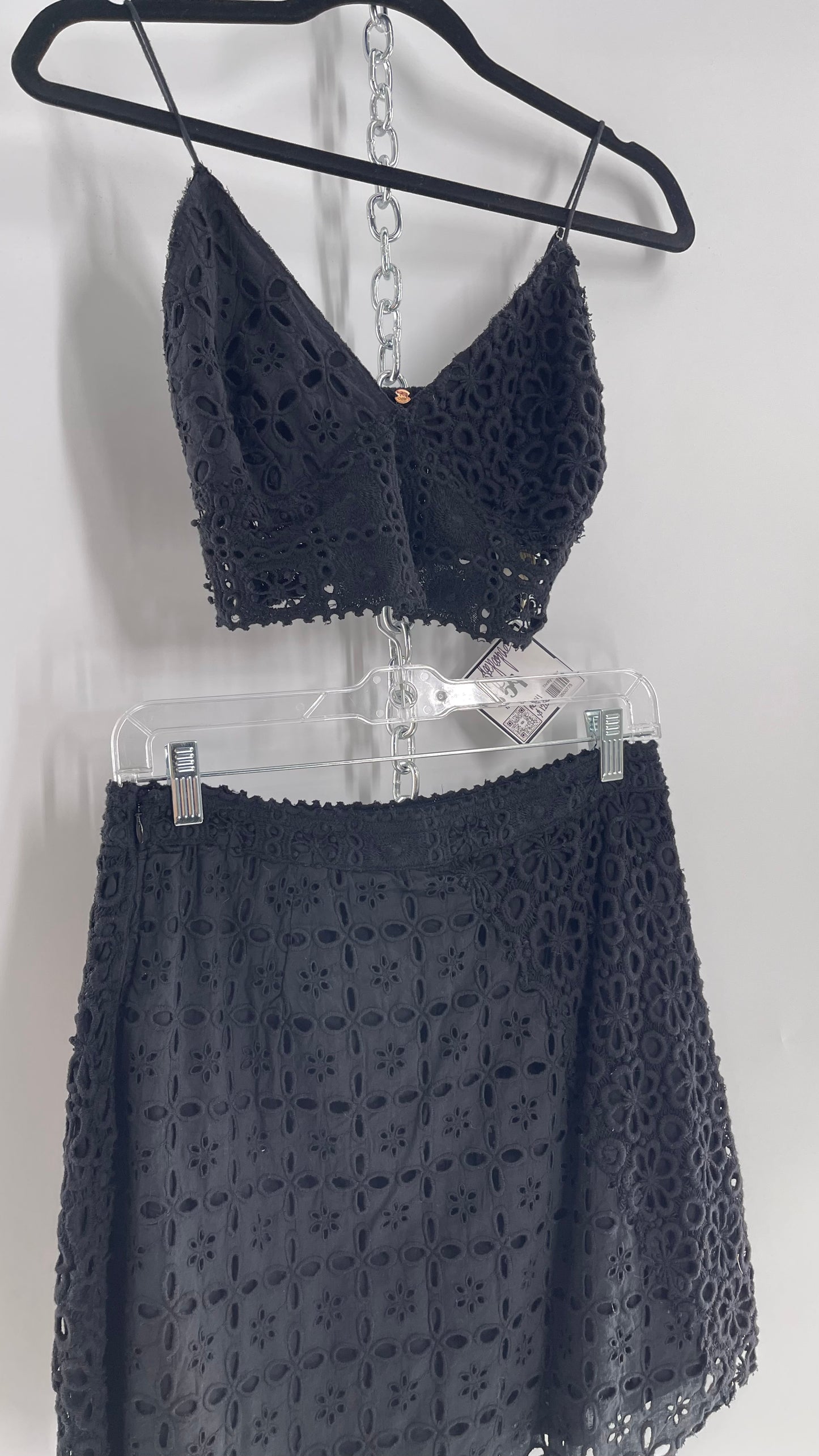 Free People Black Eyelet Lace Mini Skirt and Bustier Set (6)