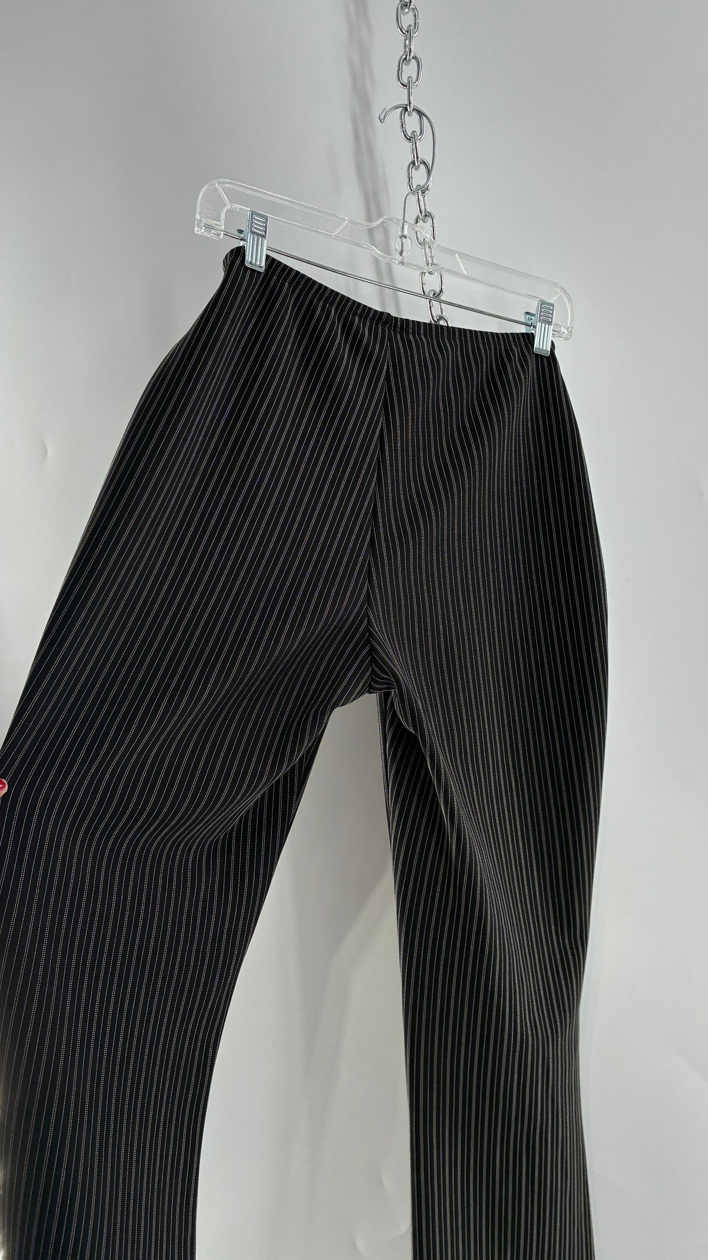 Vintage FASHION BUG Low Rise Black Striped Kick Flares with Silver Buckle Belt 1990s (6)