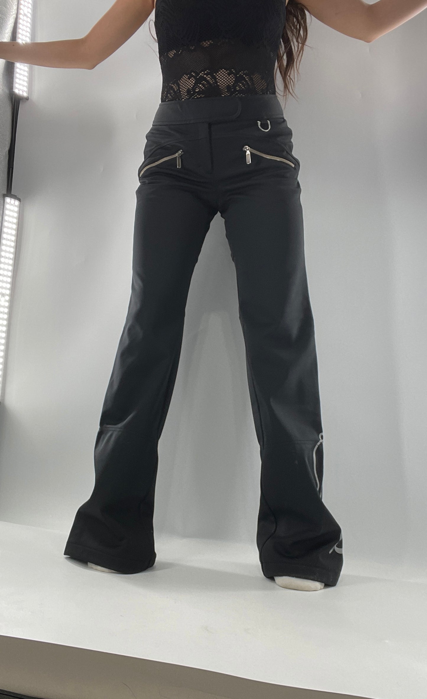 Vintage Athleta Flare 100% Nylon Thick Stretchy Black Pants with Side Clasps, Low Rise, Graphic on Back and Side of Leg (4)