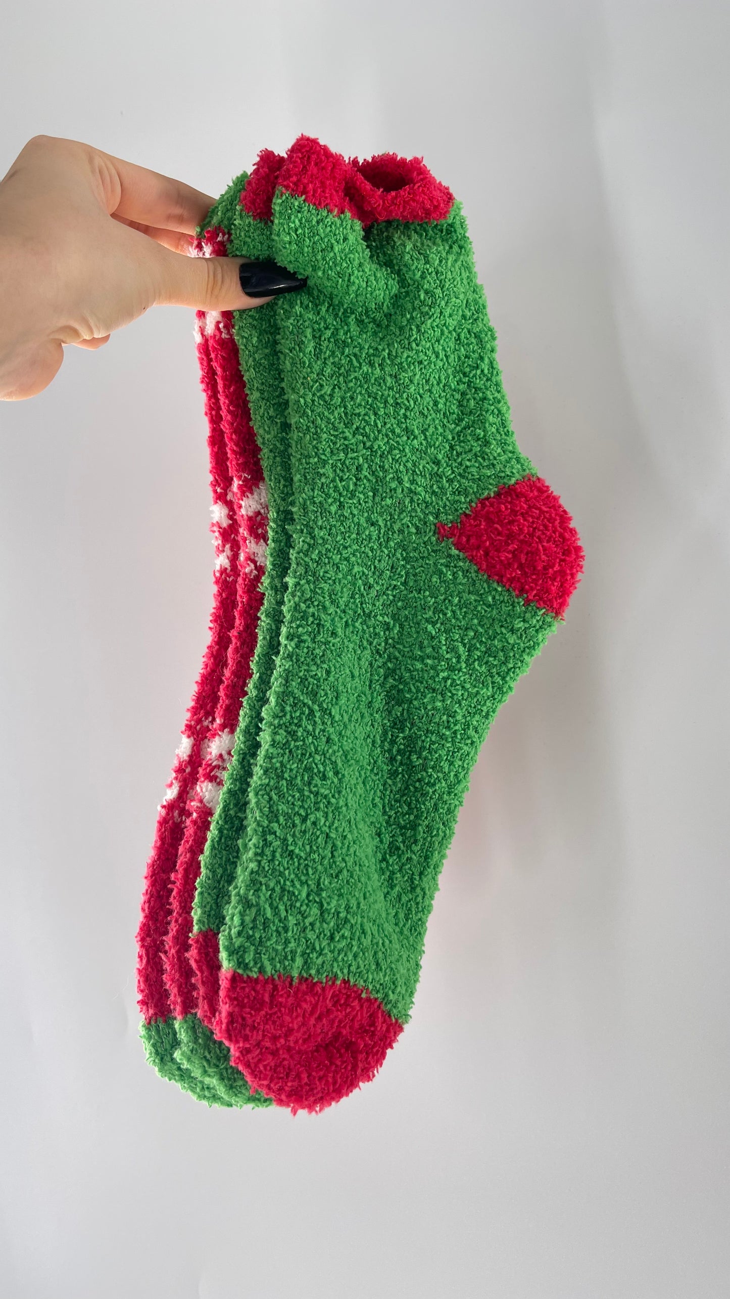 Festive Fuzzy Christmas Color Block Red Green Socks (Sz 8-12)