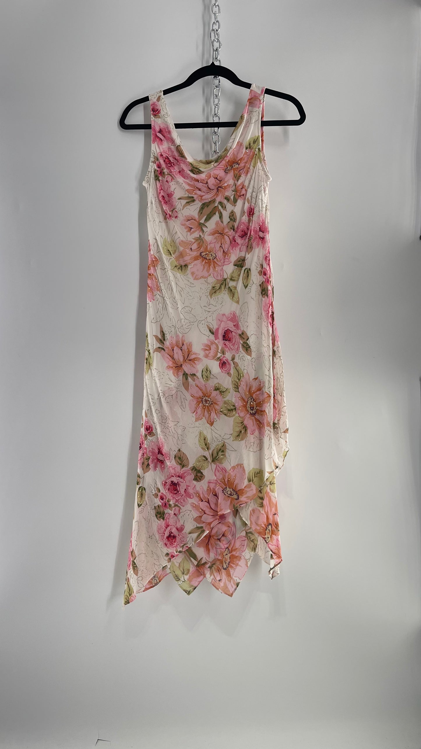 Vintage Eva Blue Pink Floral Draped Neck Sleeveless MIDI with Beading (10)