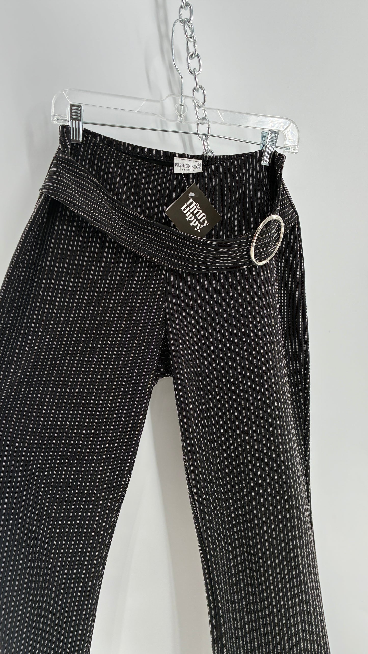 Vintage FASHION BUG Low Rise Black Striped Kick Flares with Silver Buckle Belt 1990s (6)