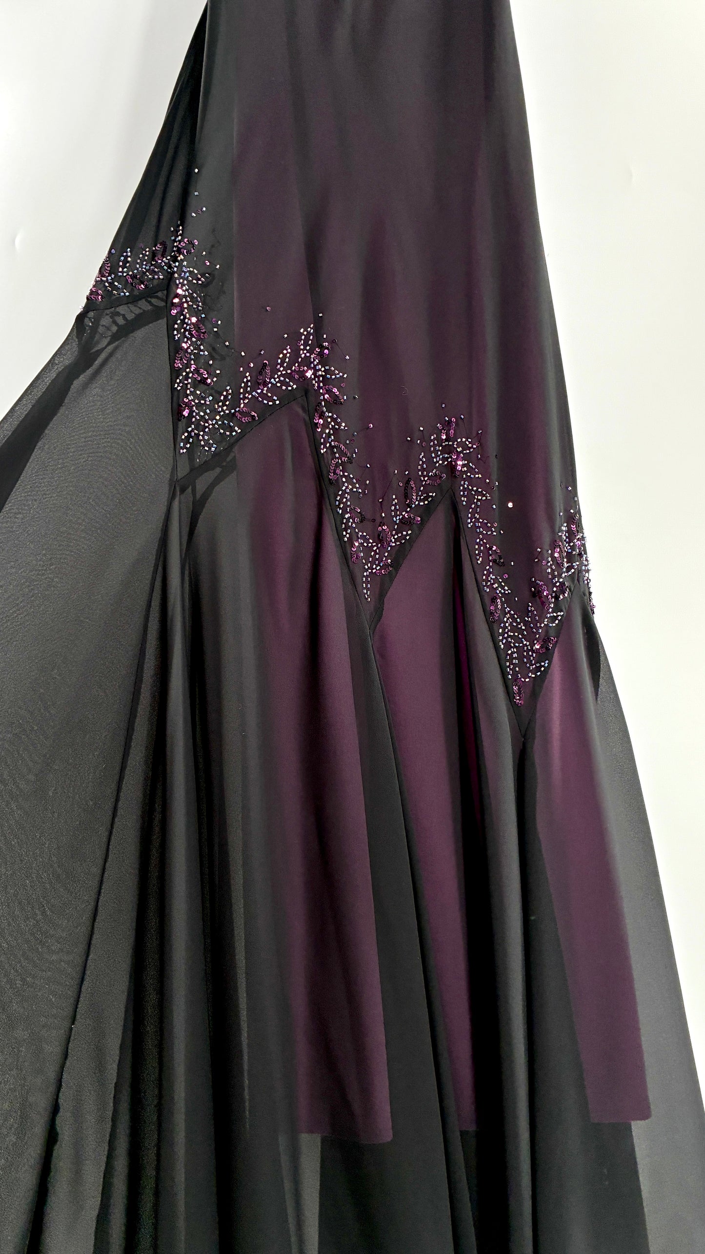 Vintage XSCAPE Full Length Black Beaded Gown with Purple Underlay (4)