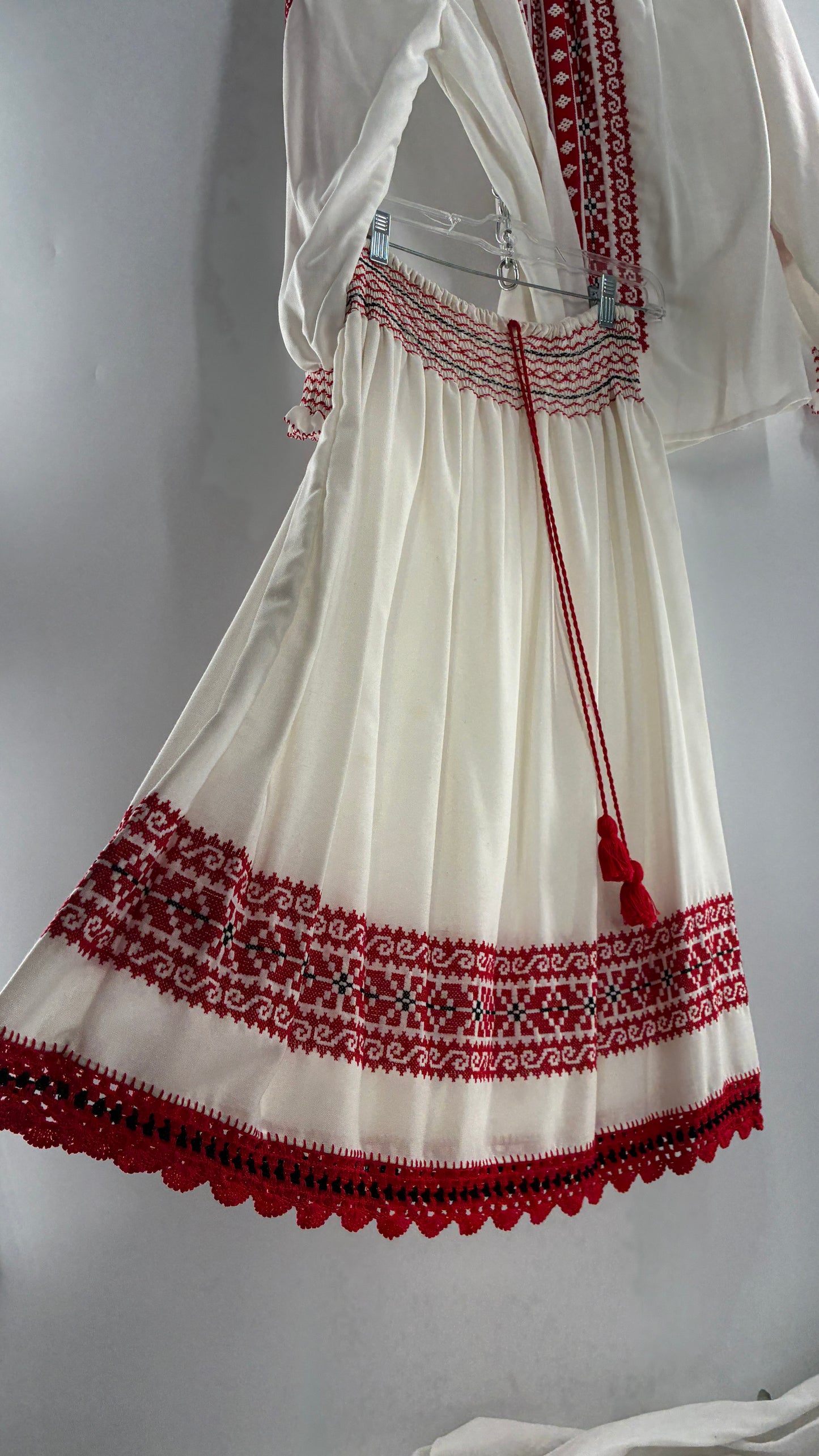 Vintage 1970s LUX FOLKLOR Budapest Handmade Cotton Long Sleeve and Skirt Covered in Red Embroidery and Stitching