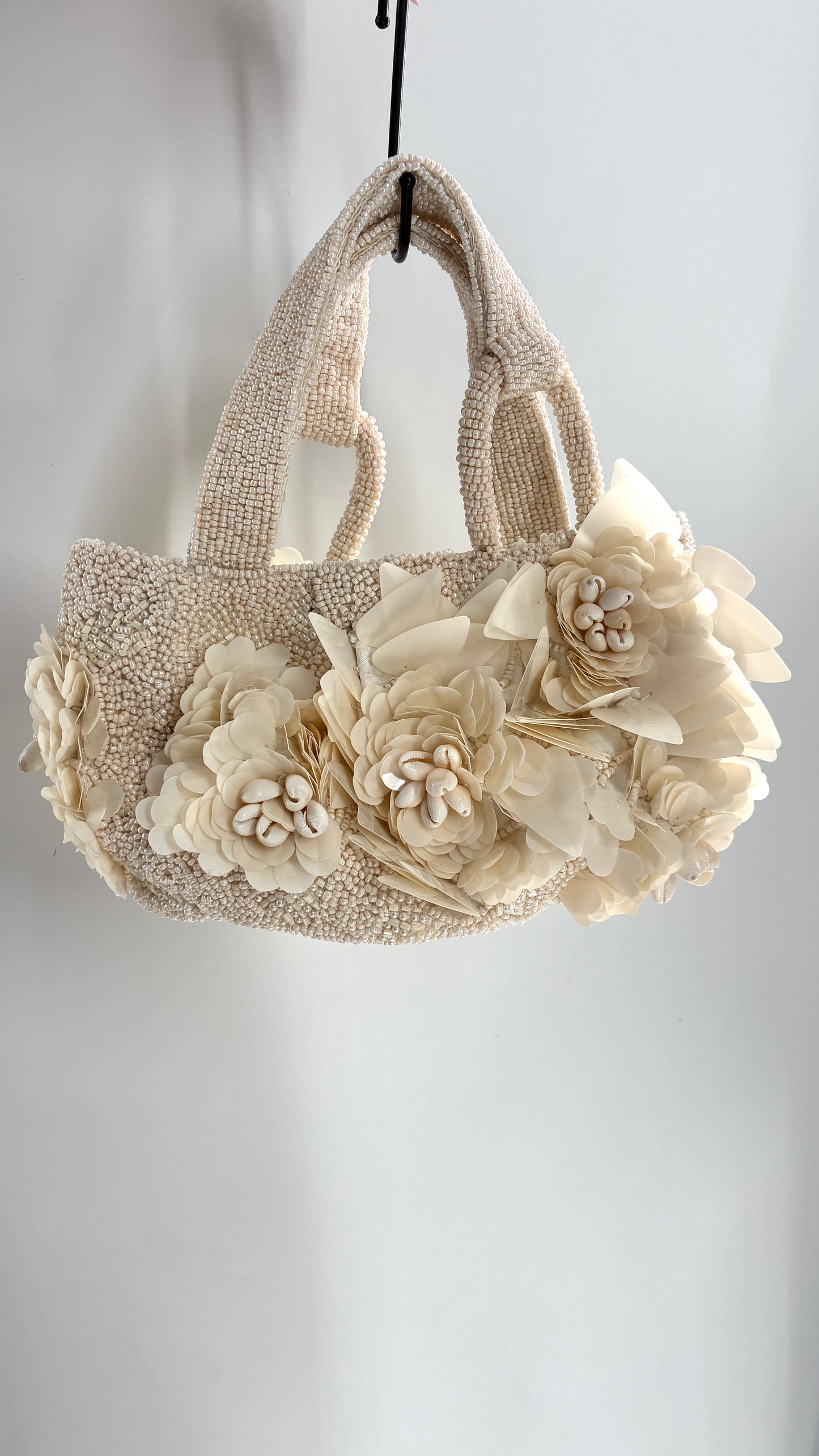 Beaded Off White Purse with Sequin and Shell Flowers