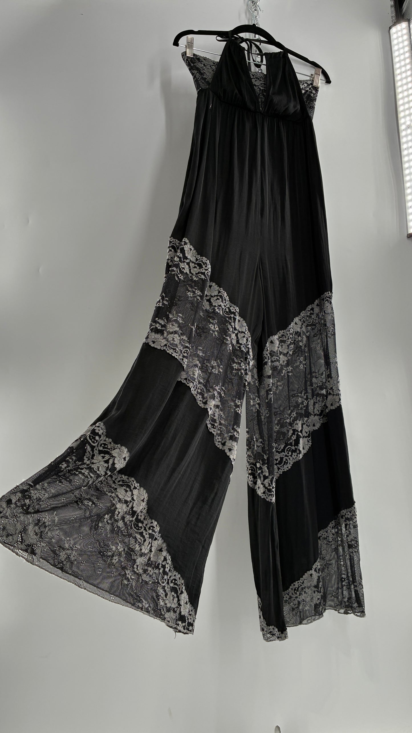 Free People Silky Black Jumpsuit with Grey Lace Paneling and Bandeau (S)