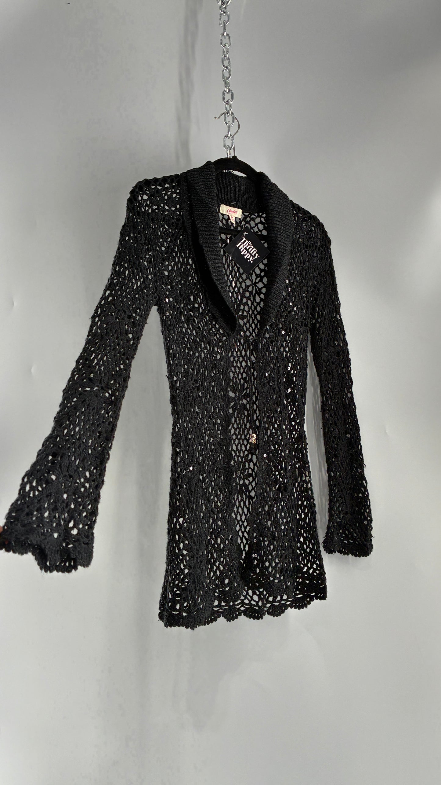 Vintage CANDIES Black Crochet Knit Cardigan with Bust Tie (Medium)