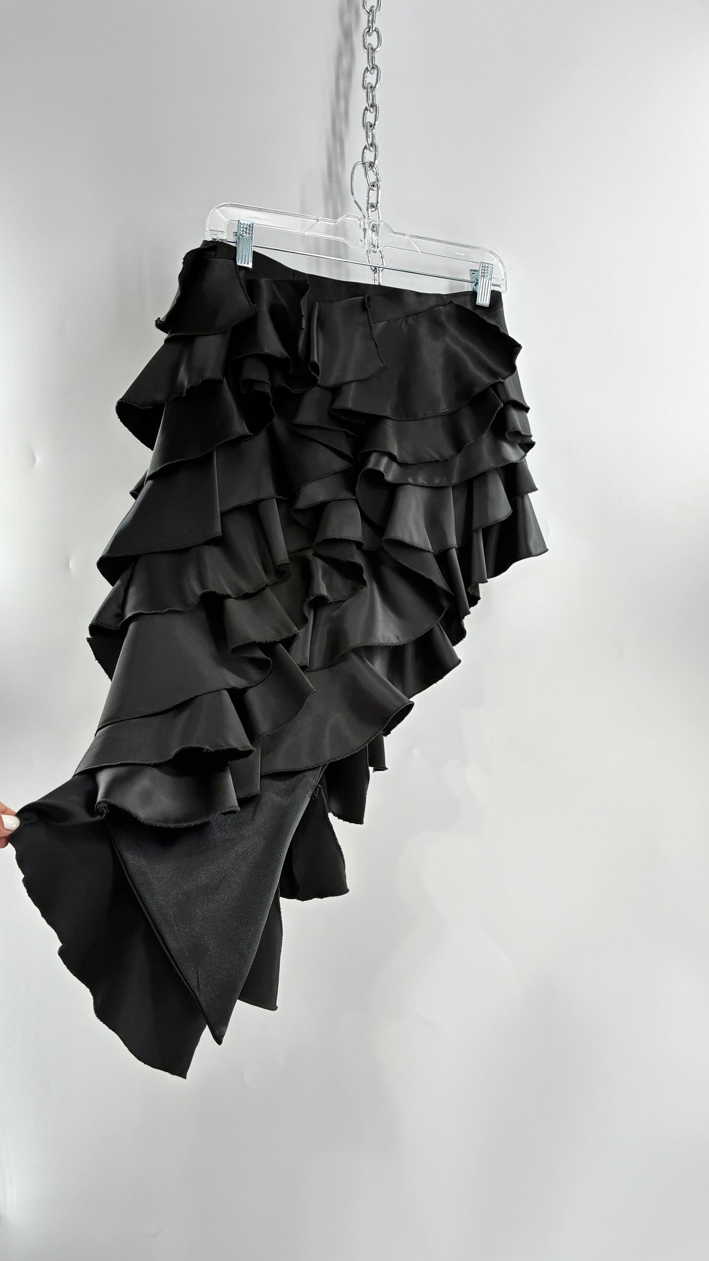 Deadstock Rare 1990s Vintage FRILLY LILLY Black Ruffled Asymmetric Skirt (8)