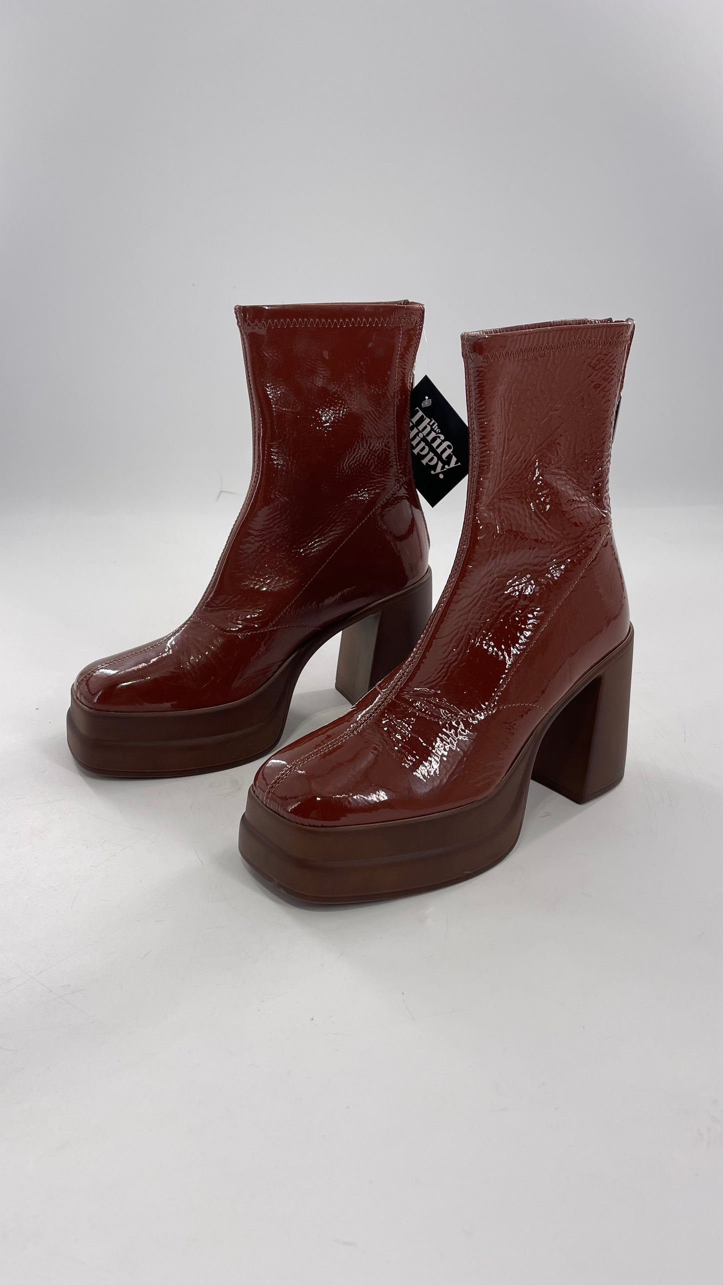 Free People Double StackedGlossy Patent Chestnut Brown Platform Boots with Chunky Heels (37.5)