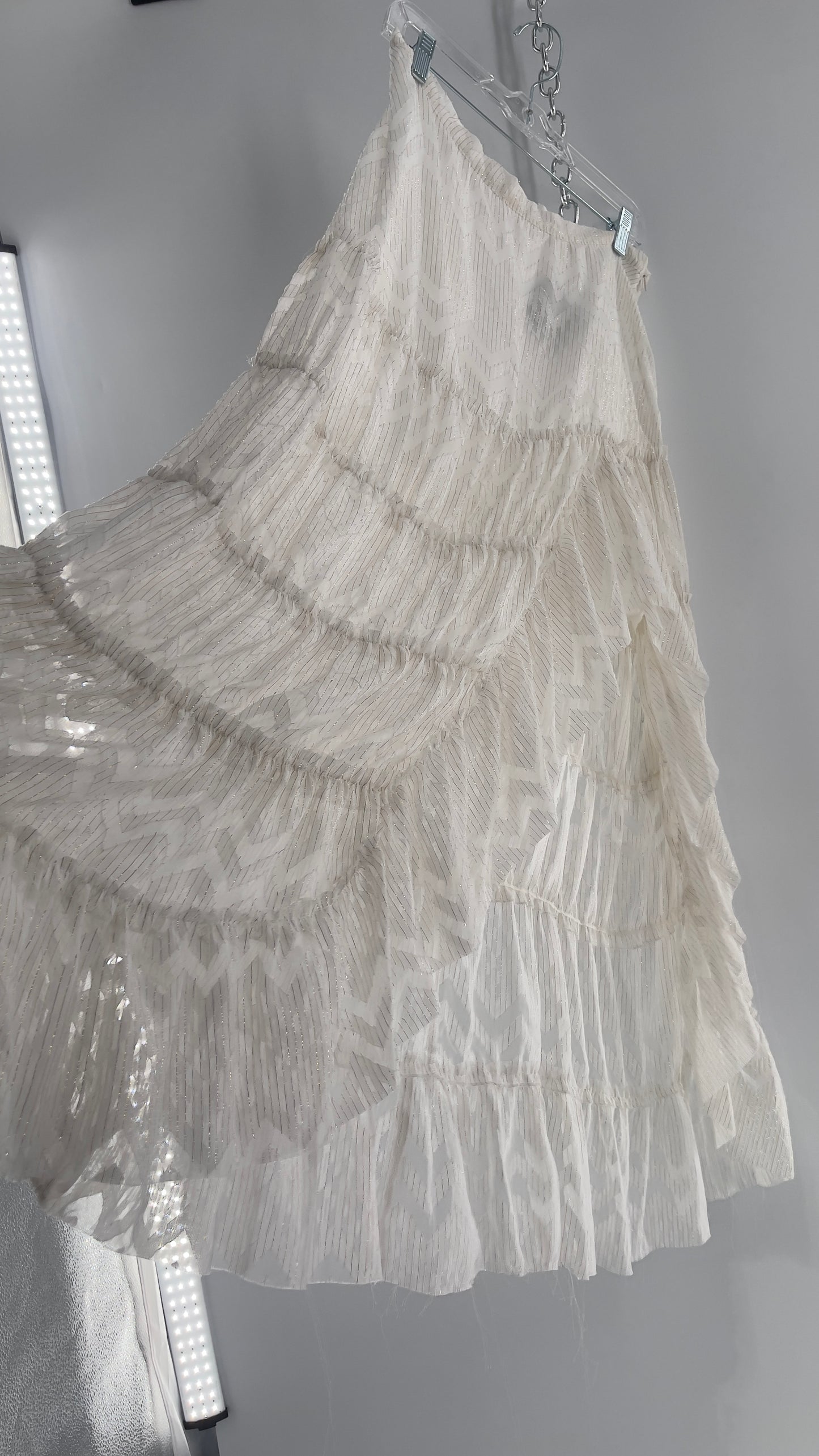 Free People Raw Edge Hem White Gold Tinsel Skirt with Ruffle Side Slit (Small)