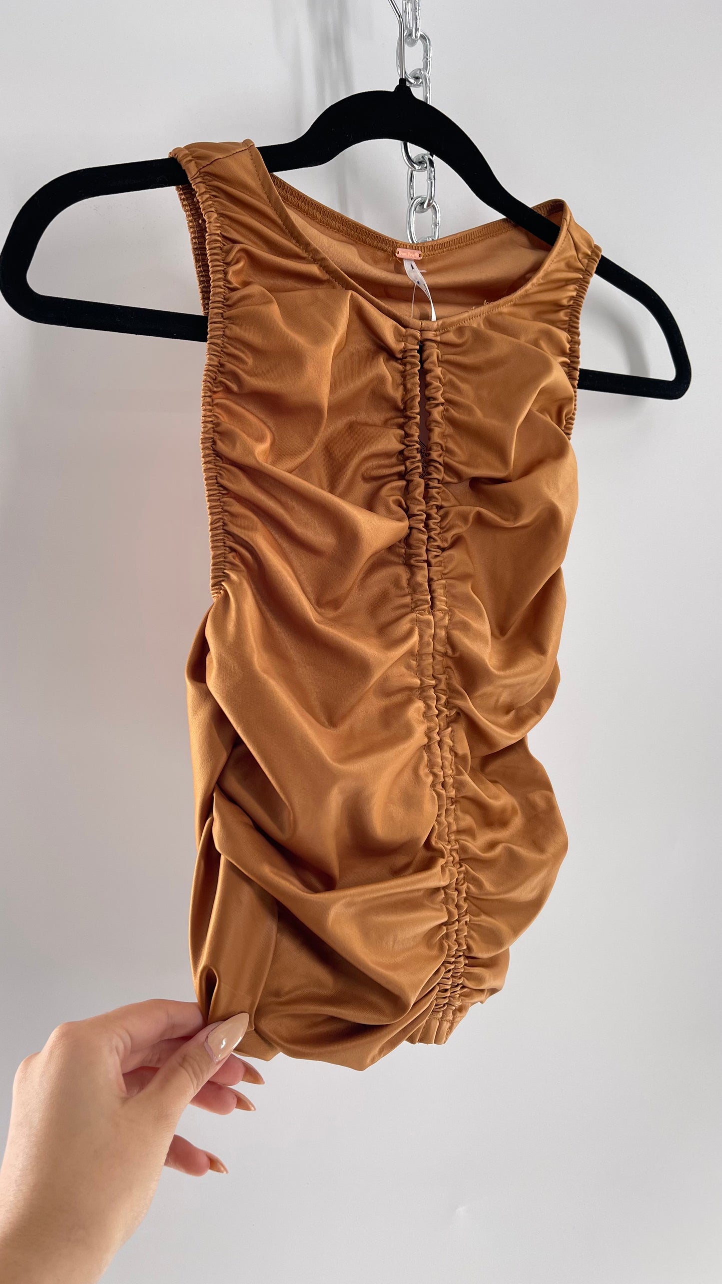 Free People Faux Leather Cognac Ruched High Neck Tank with Bust Cut Out (S)