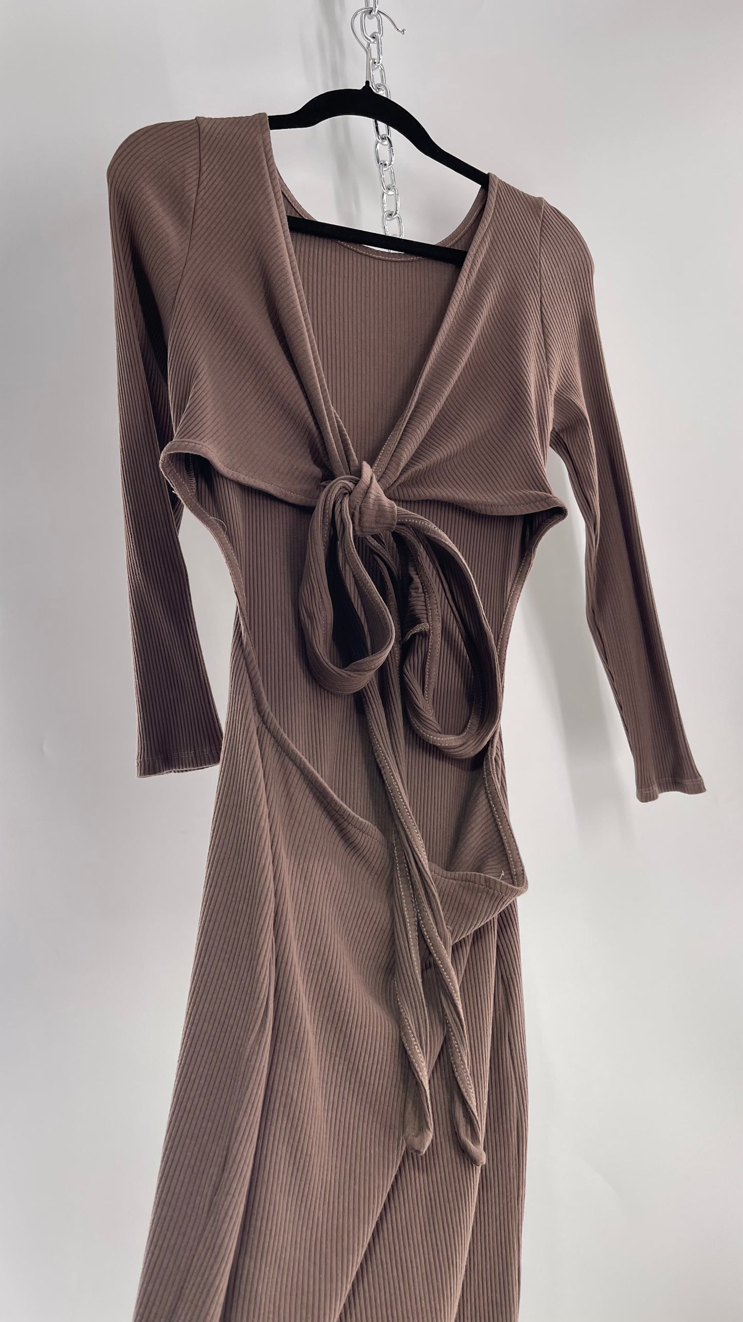 Free People Brown Ribbed Maxi Dress with Low Open Back and Dramatic Tie Detail (Large)