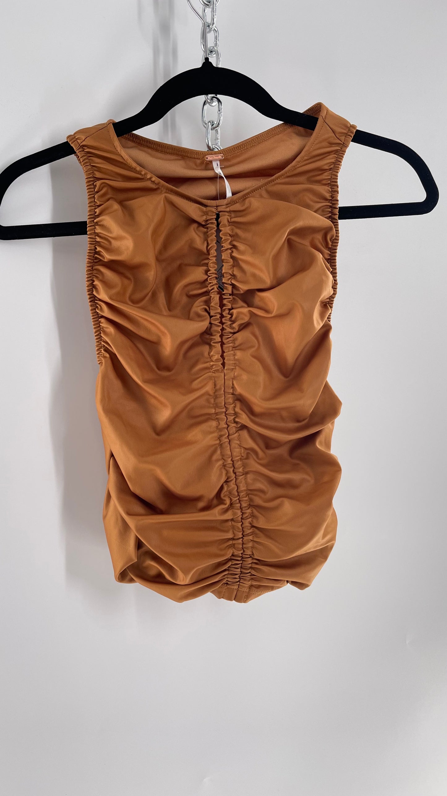 Free People Faux Leather Cognac Ruched High Neck Tank with Bust Cut Out (S)