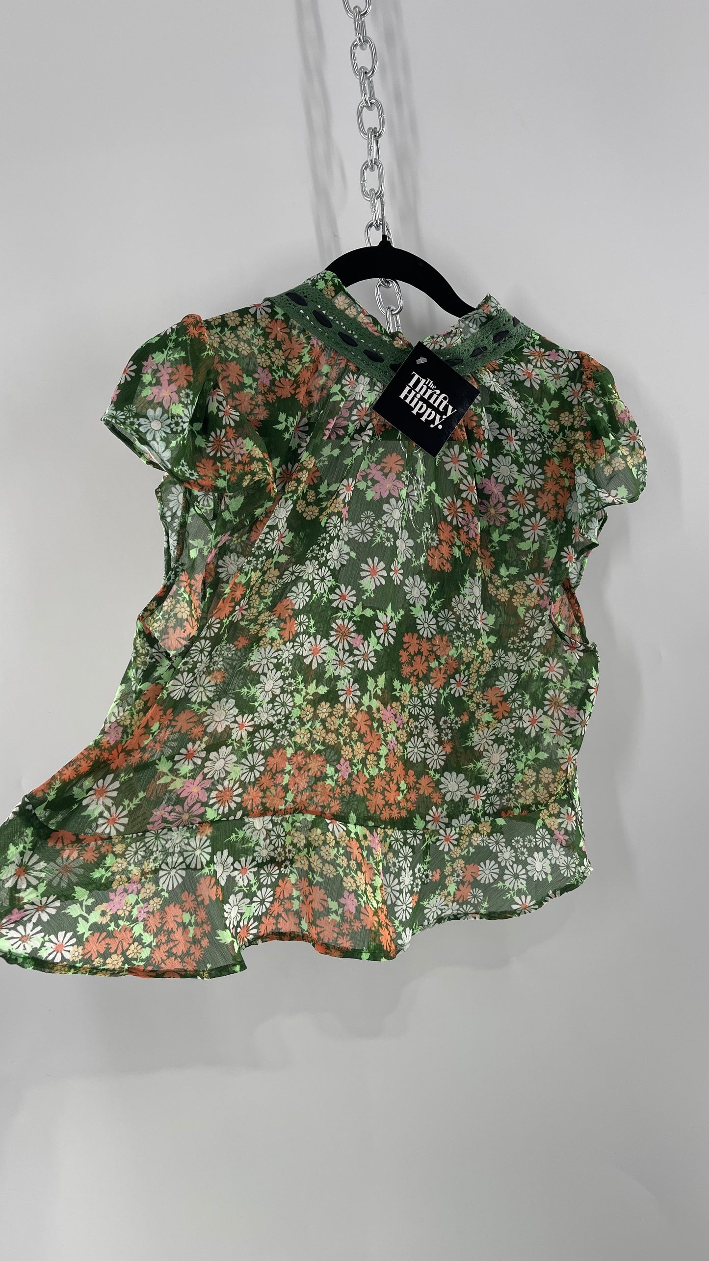 Free People Green Floral Blouse with Green Lace Neckline and Black Velvet Ribbon (Large)