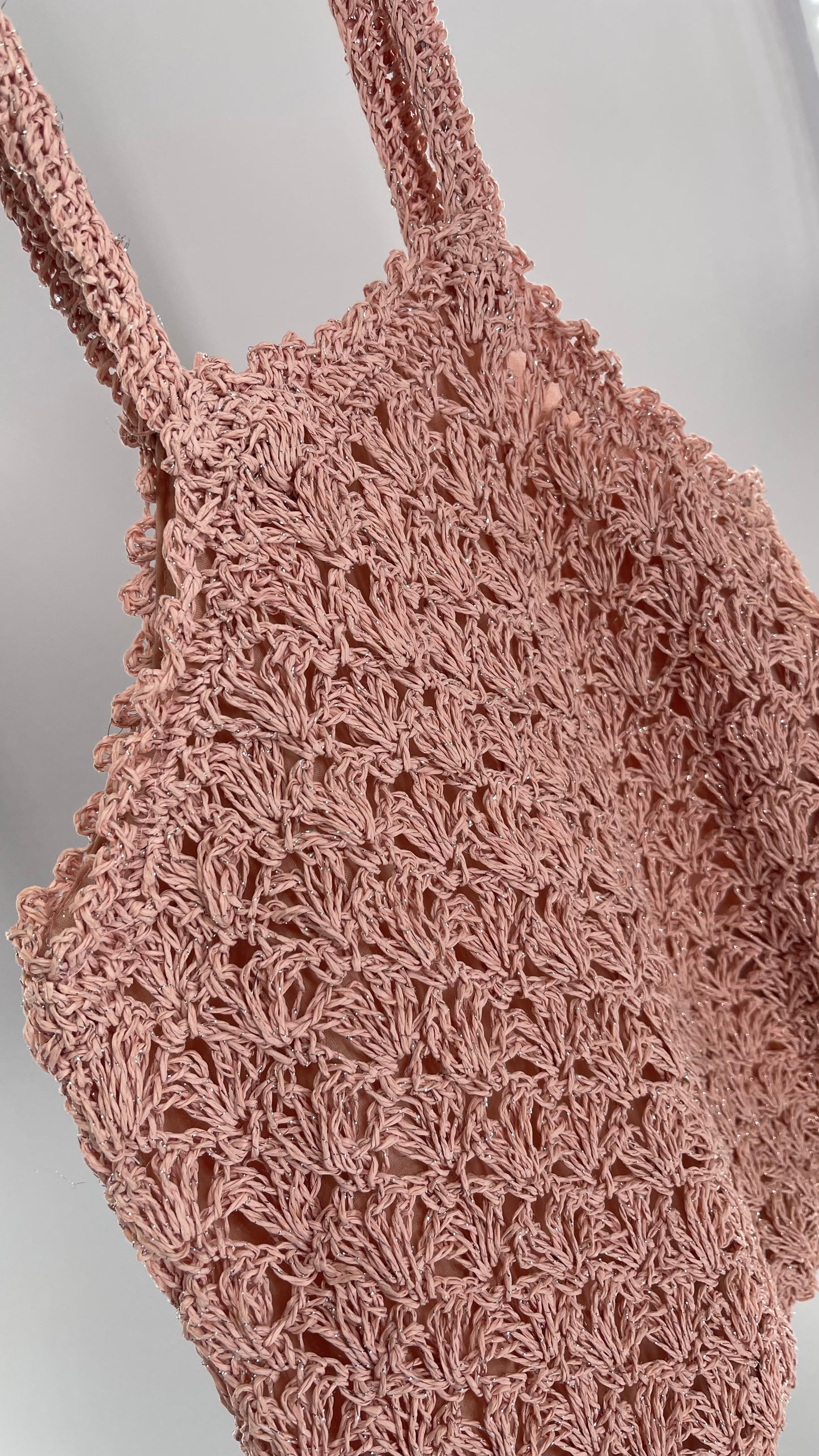 Urban Outfitters Baby Pink Straw Tote Bag with Silver Tinsel