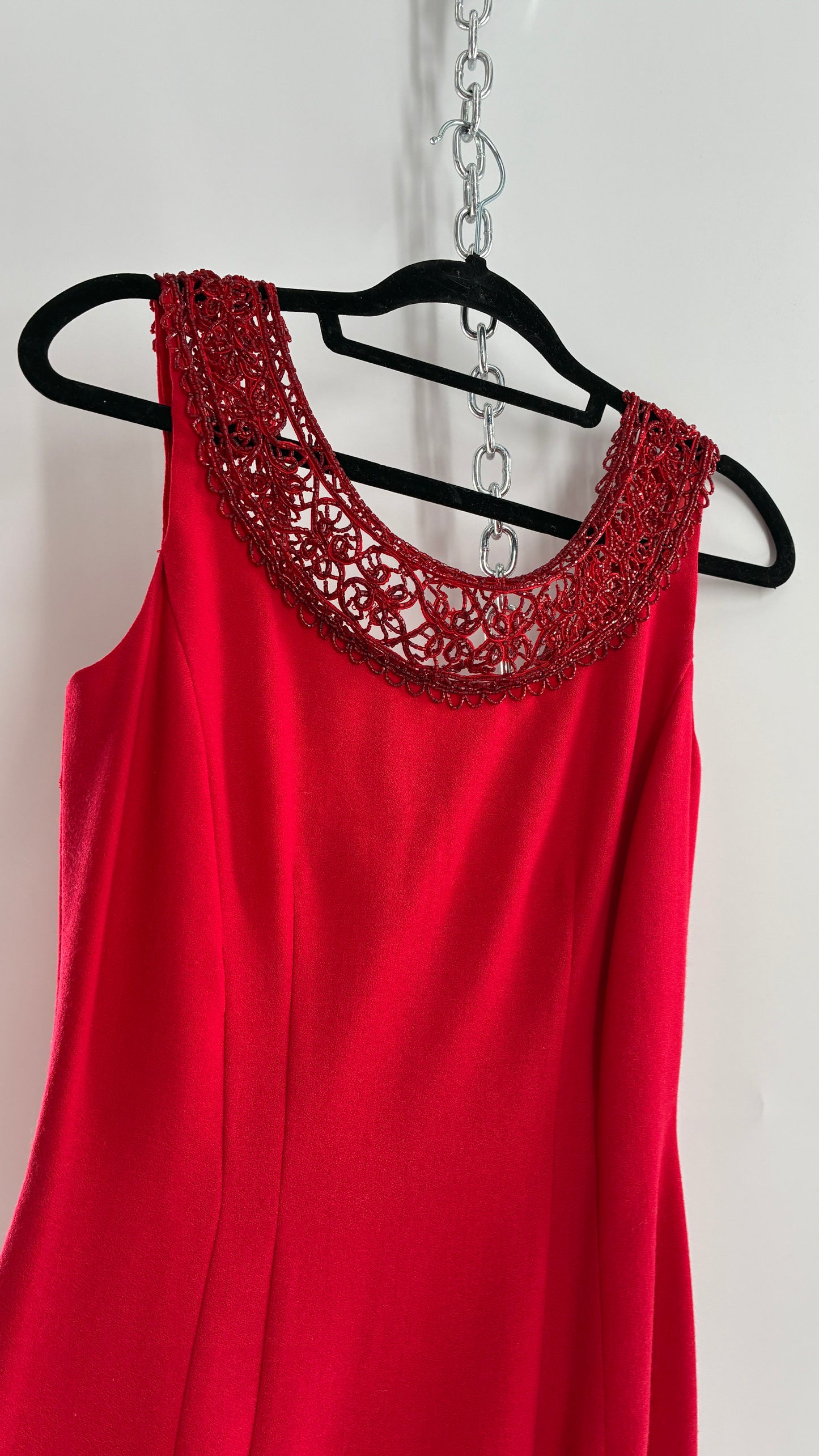 Vintage CARMEN MARC VALVO Red 100% Fitted, Tailored Wool Dress with Beaded Hem and Neckline (6)