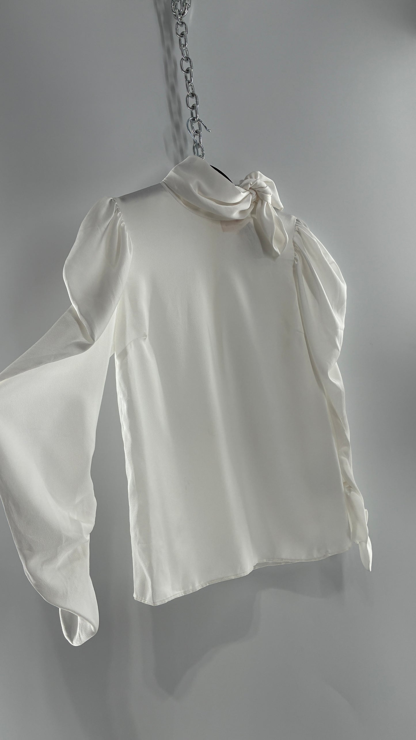 KEEPSAKE Anthropologie White Puff, Balloon Sleeve Blouse with Neck Tie Detail (XS)