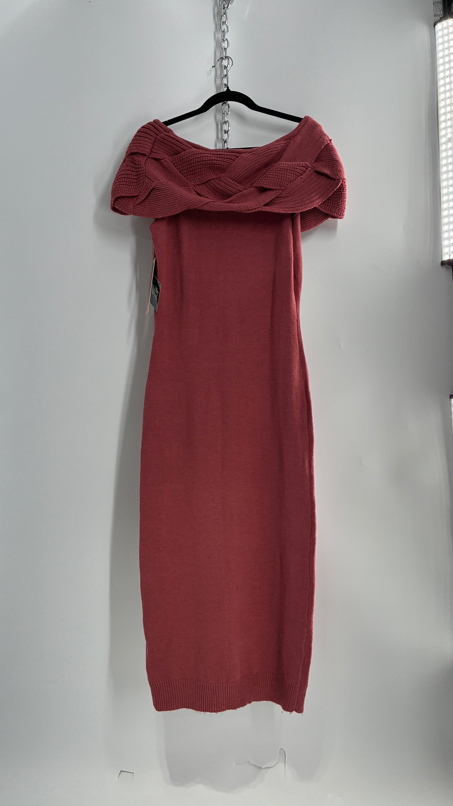 Vintage ALMOST FAMOUS Rosy Mauve Knit Dress with Woven Braided Off the Shoulder Detail and Tags Attached (Large)