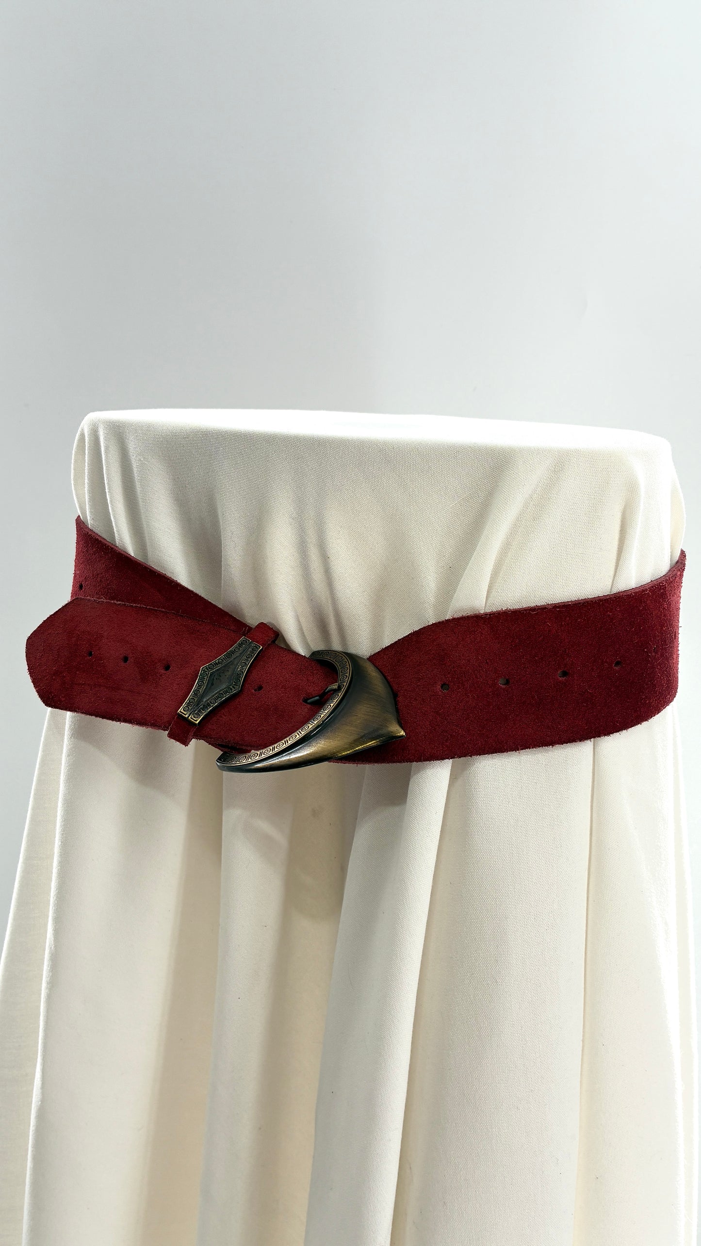 Genuine Suede Leather Maroon Red Belt w Oversized Engraved Buckle