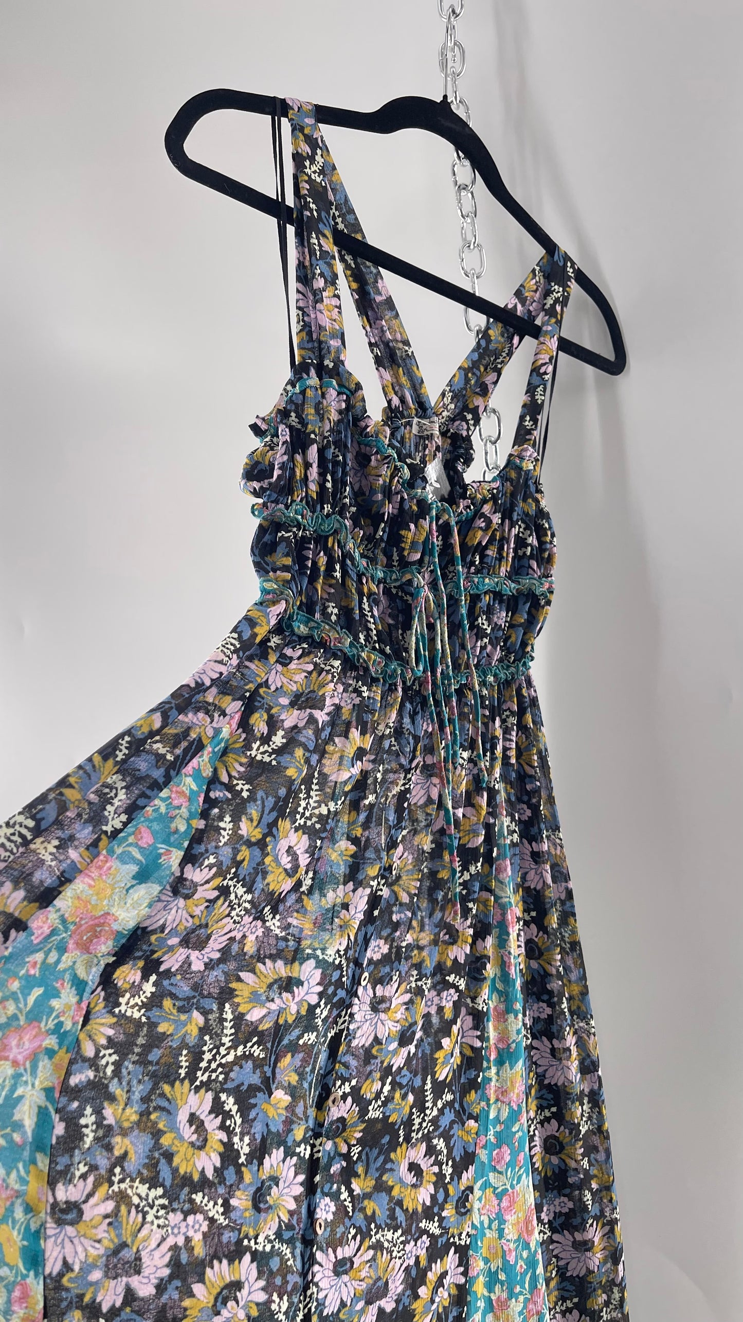 Intimately Free People Black and Teal Mixed Pattern Floral Maxi Dress with Tags Attached (XS)