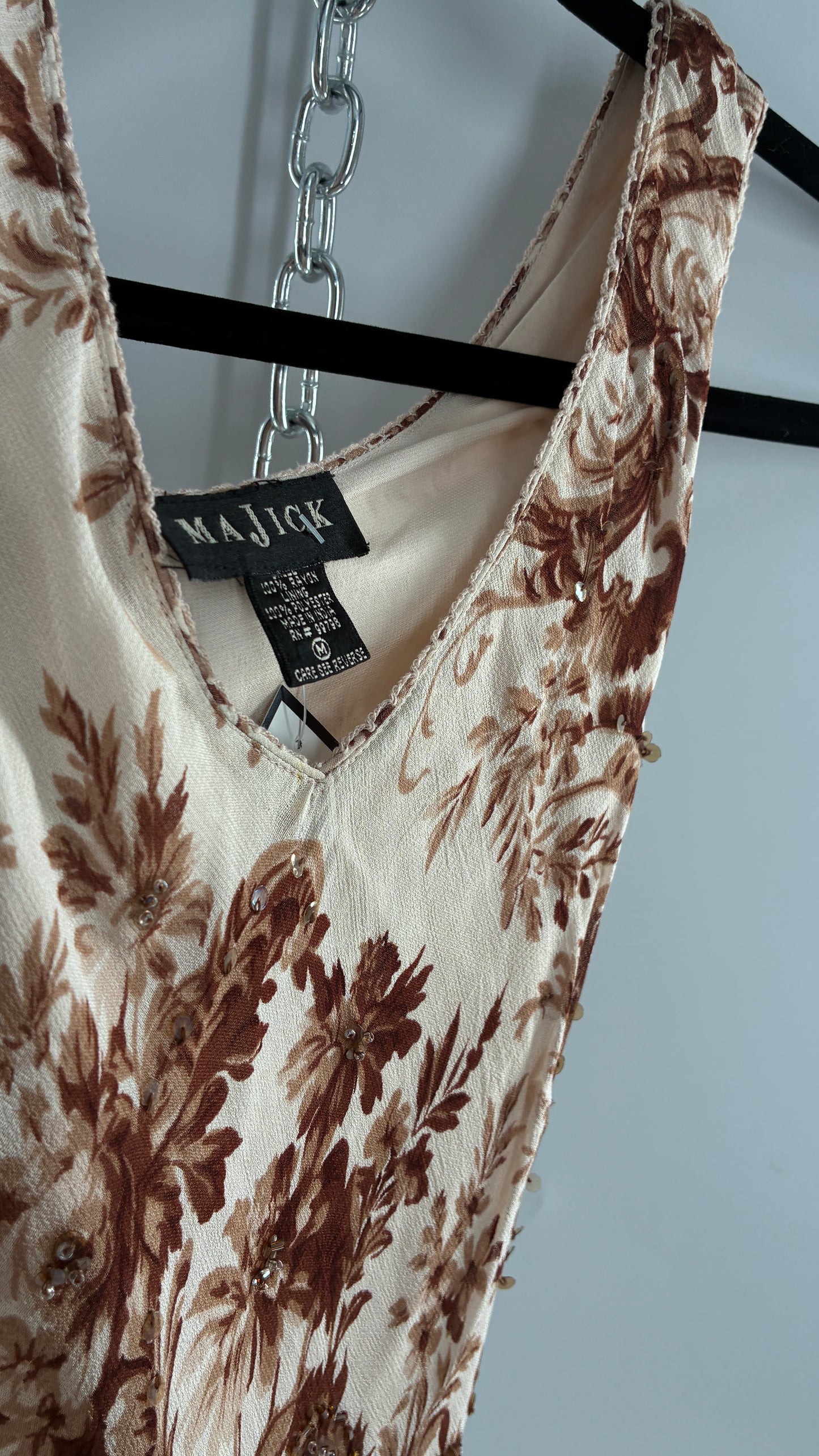 Vintage MAJICK 1990s Brown Floral, Asymmetric Ruffled Hem Gown with Embroidered Sequin Details (Medium)