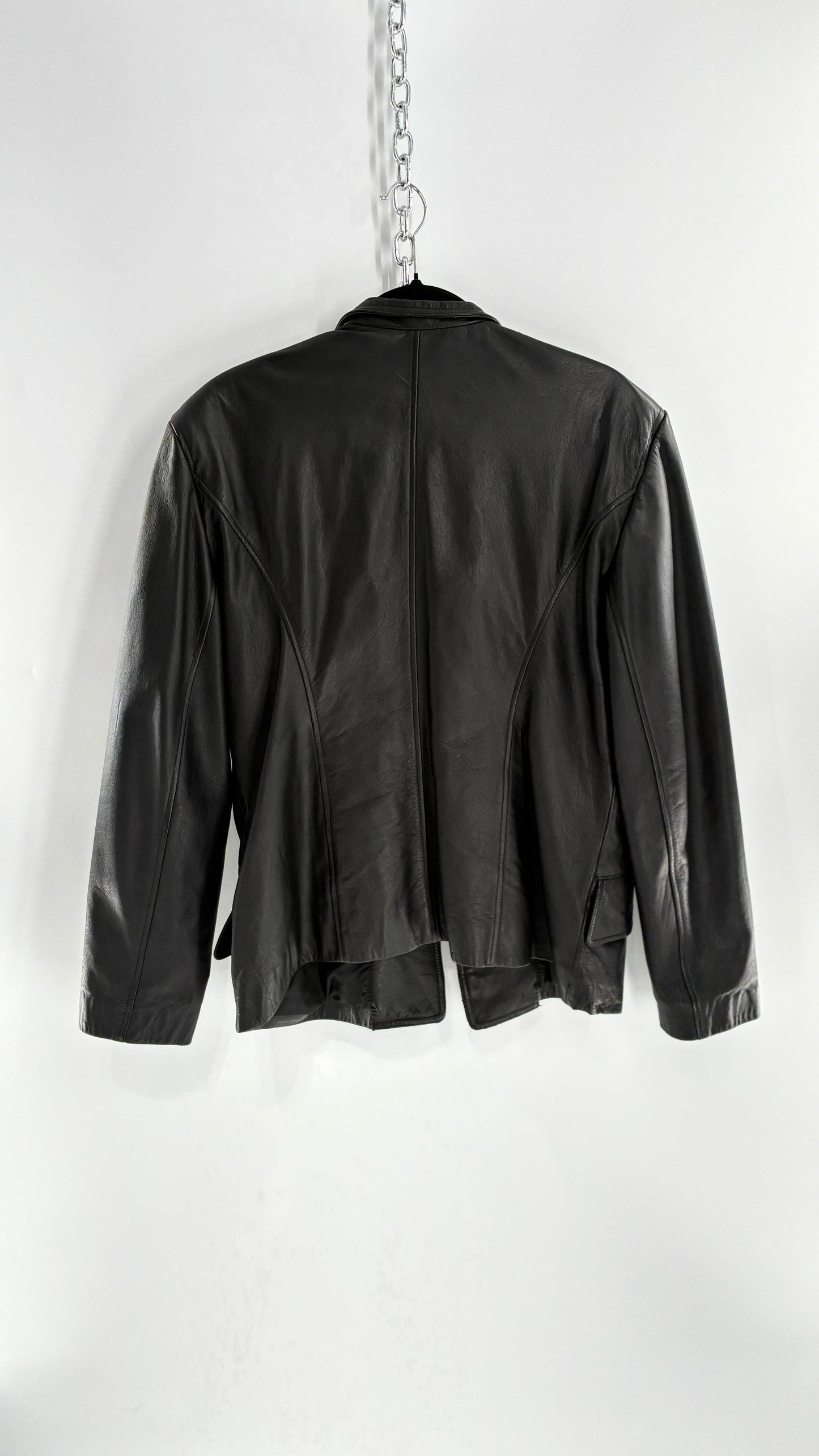 Vintage Virginia Slims Black Genuine Leather Military Jacket with Double Breasted Embossed Buttons (Large)