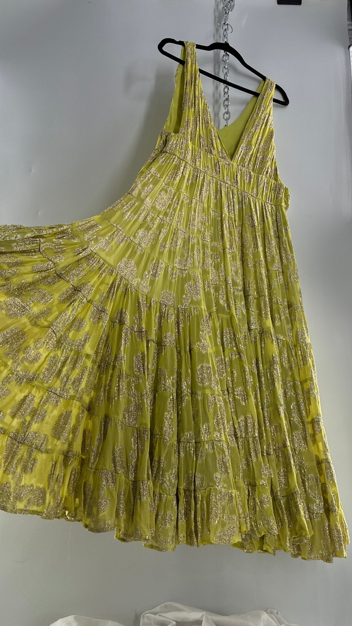LET ME BE Lime Yellow/Green Ultra Voluminous Tiered Dress with Gold Metallic Jacquard Appliqué Pattern (XL)