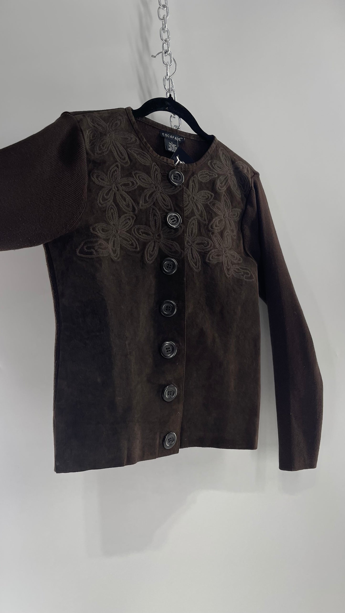 ESCAPADE Vintage 1990s Dark Brown Suede Vest with Knit Sleeves and Embroidered Flowers (Large)