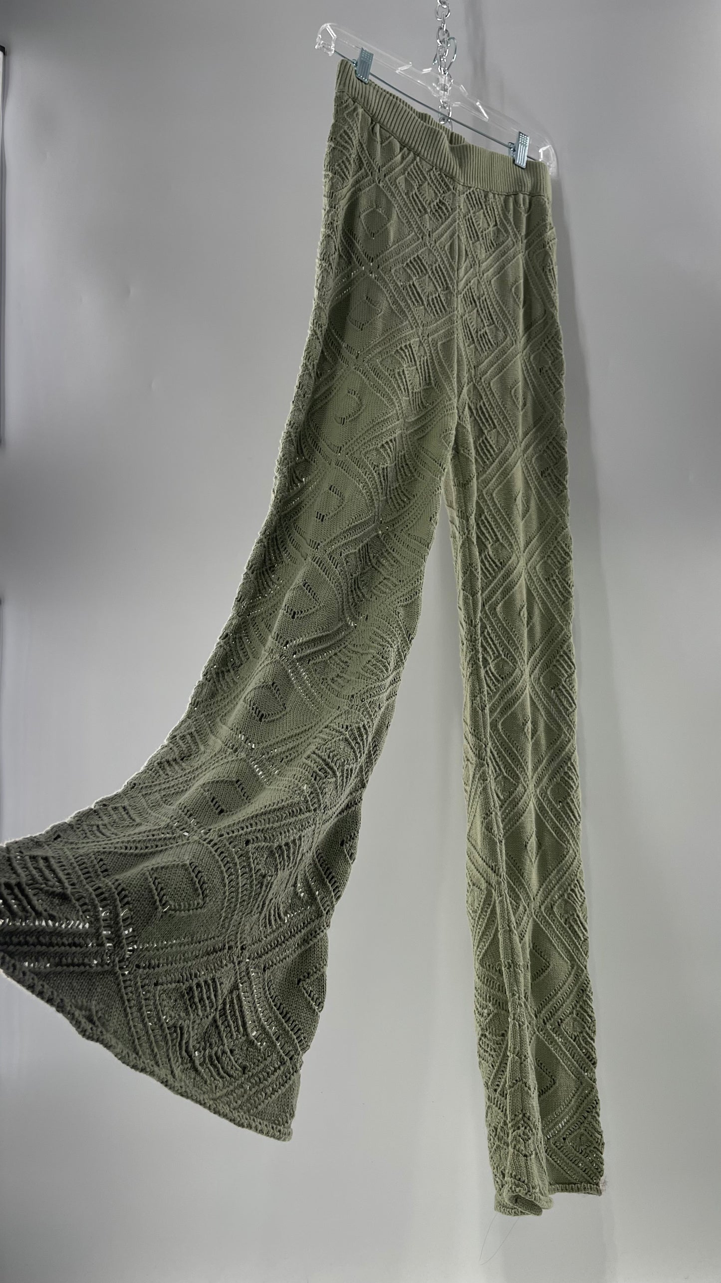 Free People Beach Sage Green Crochet Wooden Button Front Cardigan and Wide Leg Set (Medium)
