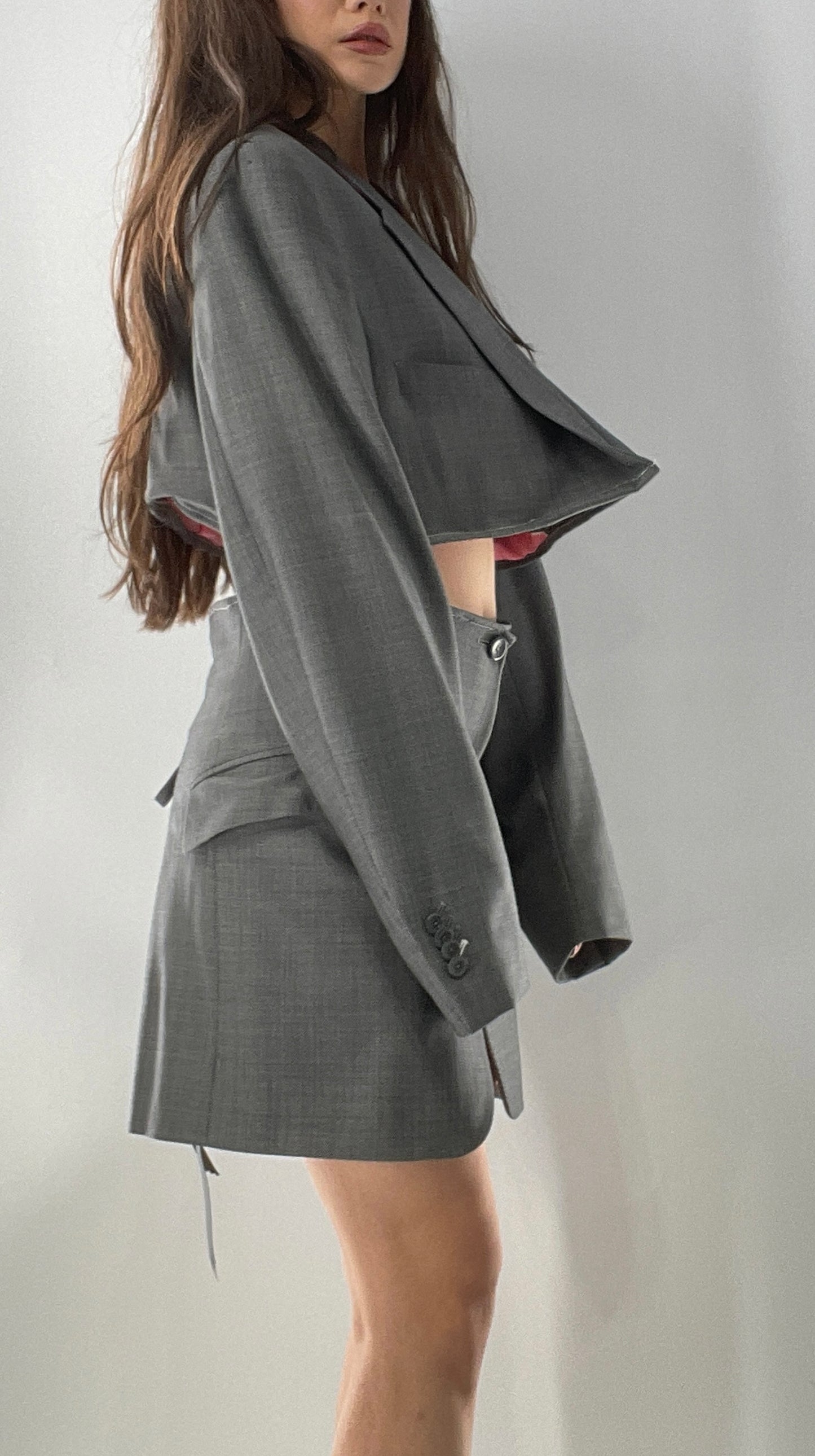 Custom Handmade Gray 2Piece Suit Set with Pink Satin Lining, Cropped Blazer, and Corseted Skirt (S-L)