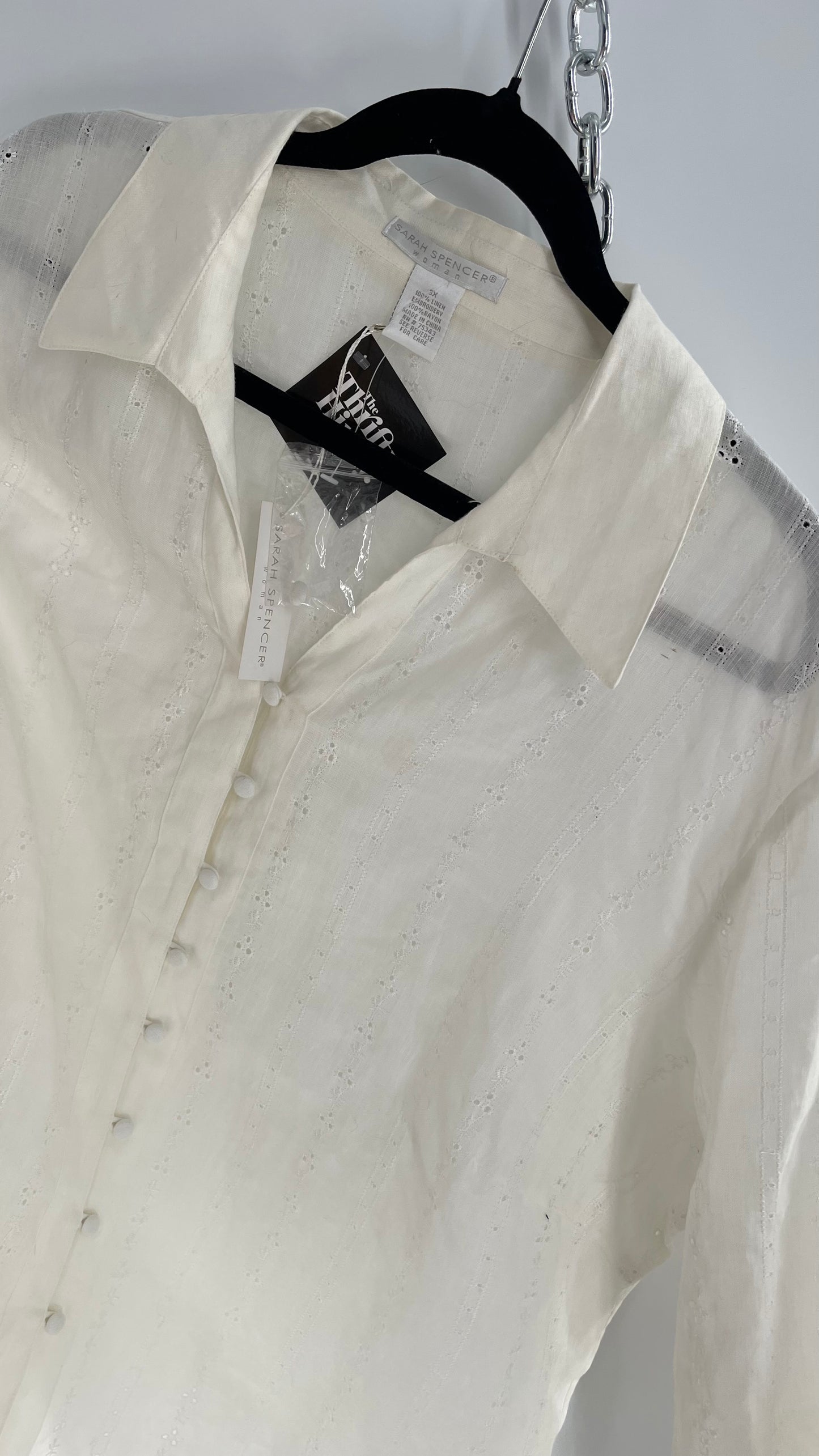 Sarah Spencer Off White 100% Embroidered Linen Blouse with Tags Attached (3X)