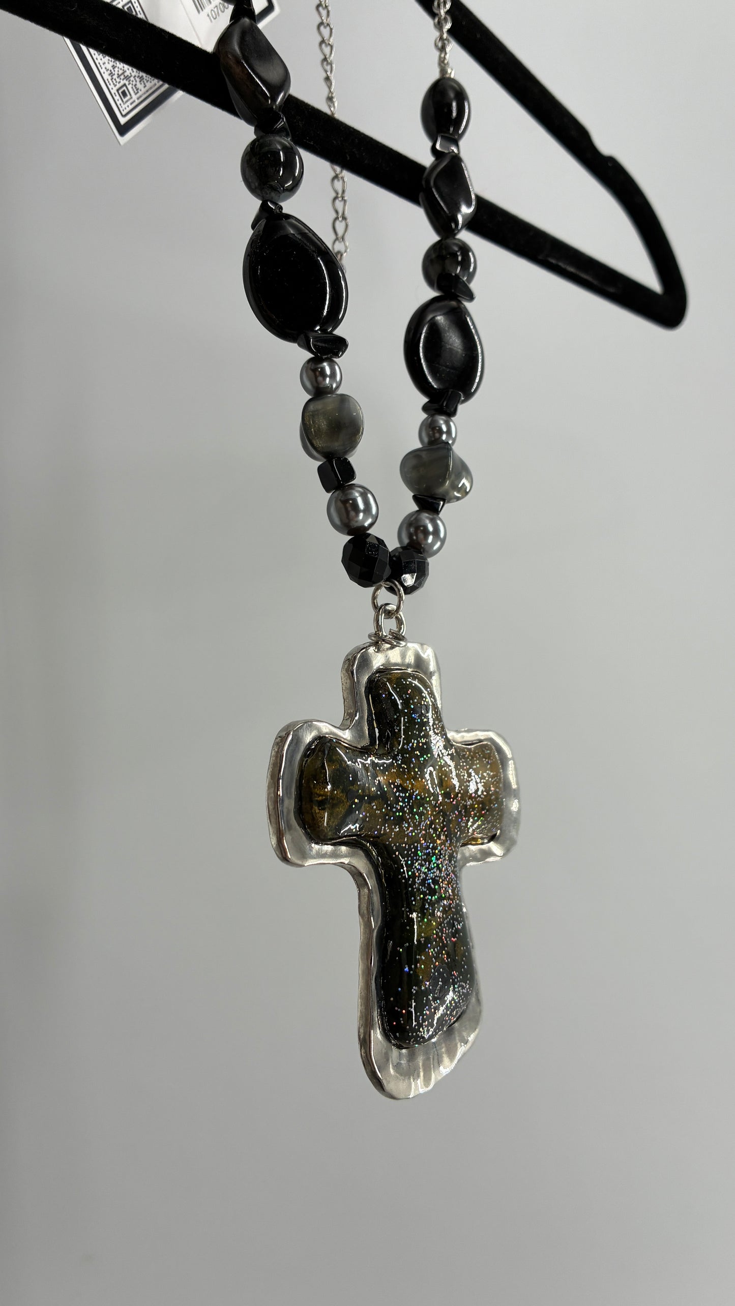 Vintage 1990s Beaded Black Necklace with Iridescent Glitter Cross