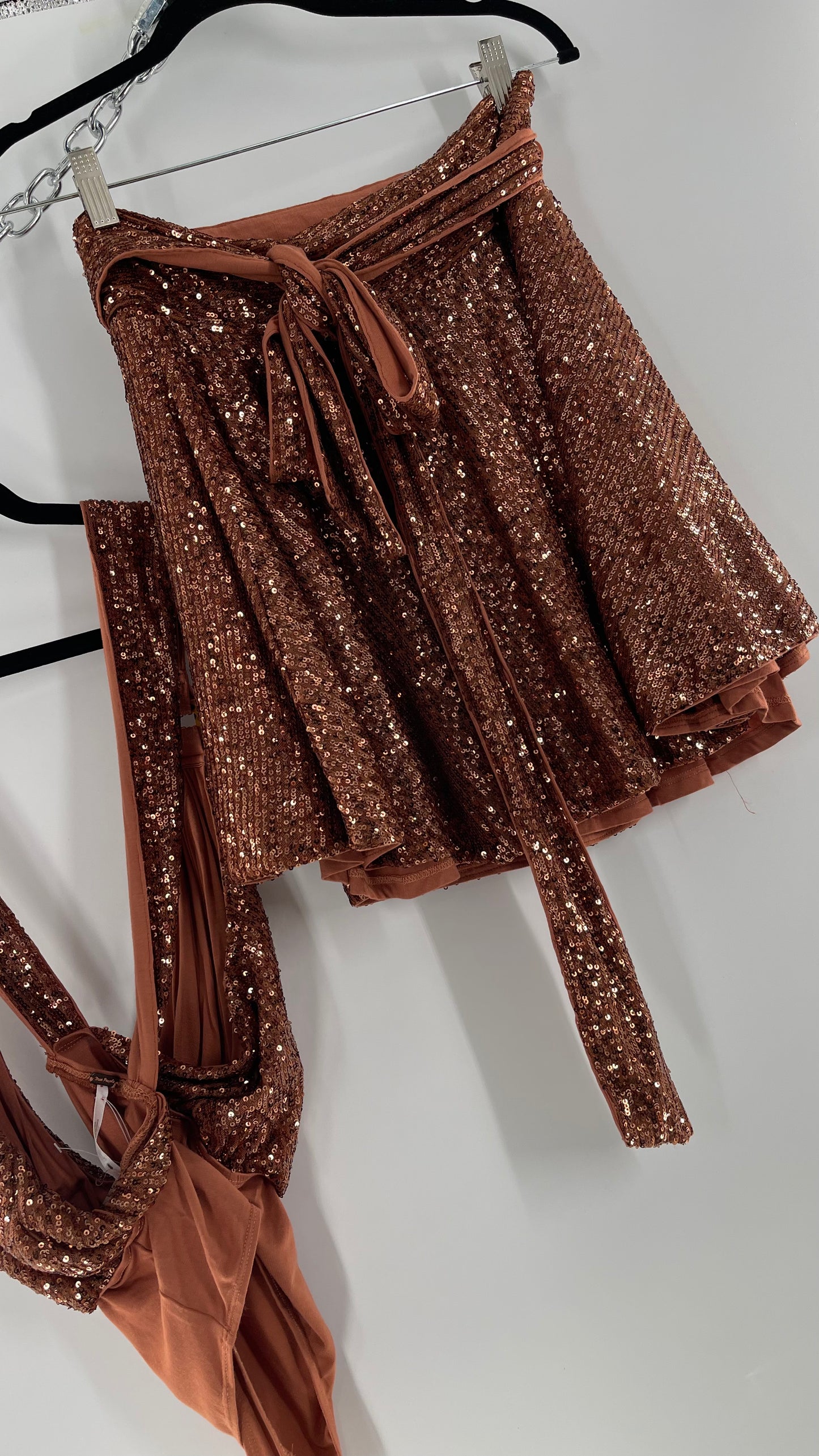 Free People Bronze Sequin 2Piece Set with Wrap Around Skirt and Bodysuit (XS body, S Skirt)