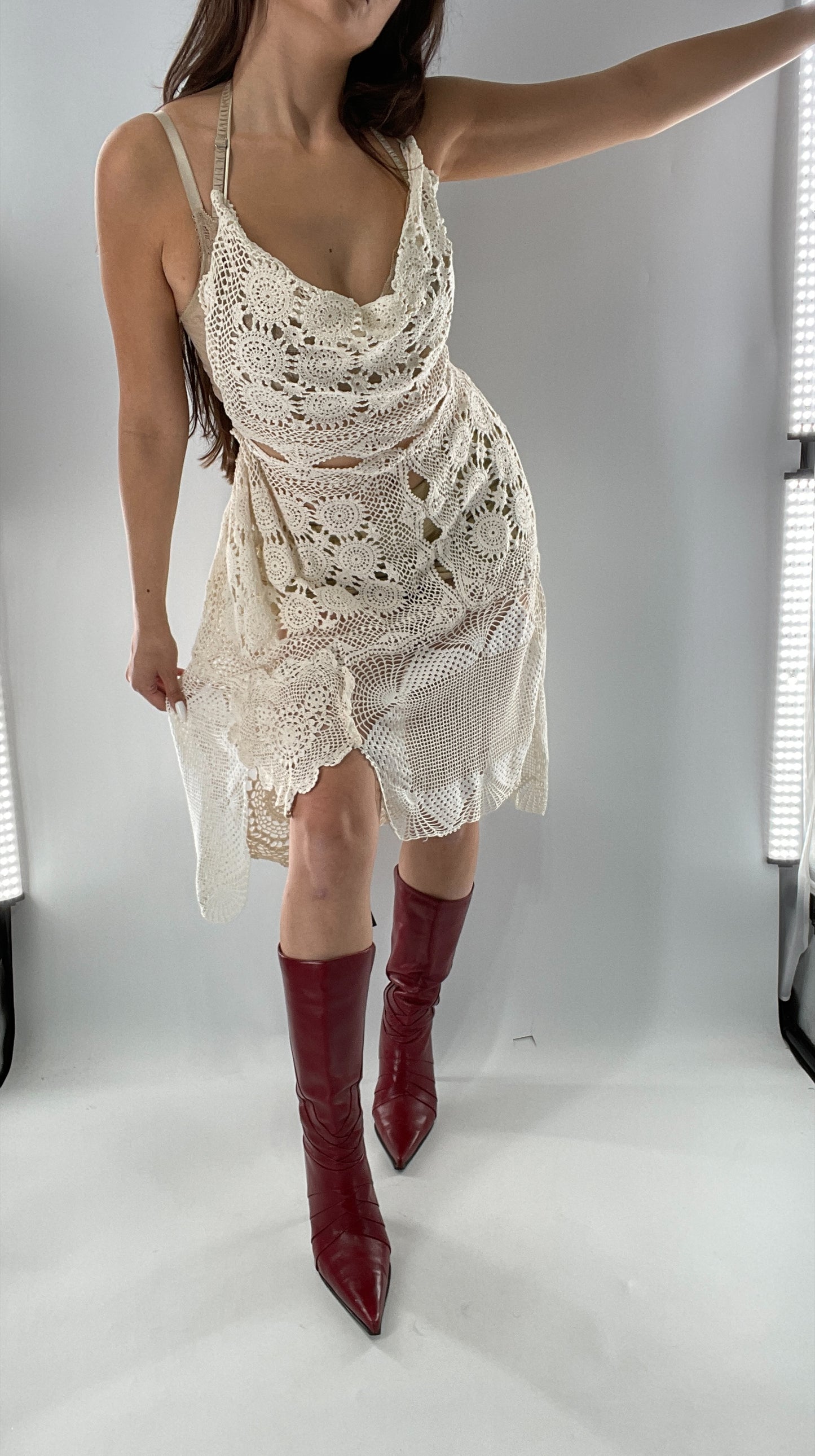 Vintage Handmade Crochet Cottage Adjustable Dress with Open, Low Back (One Size)