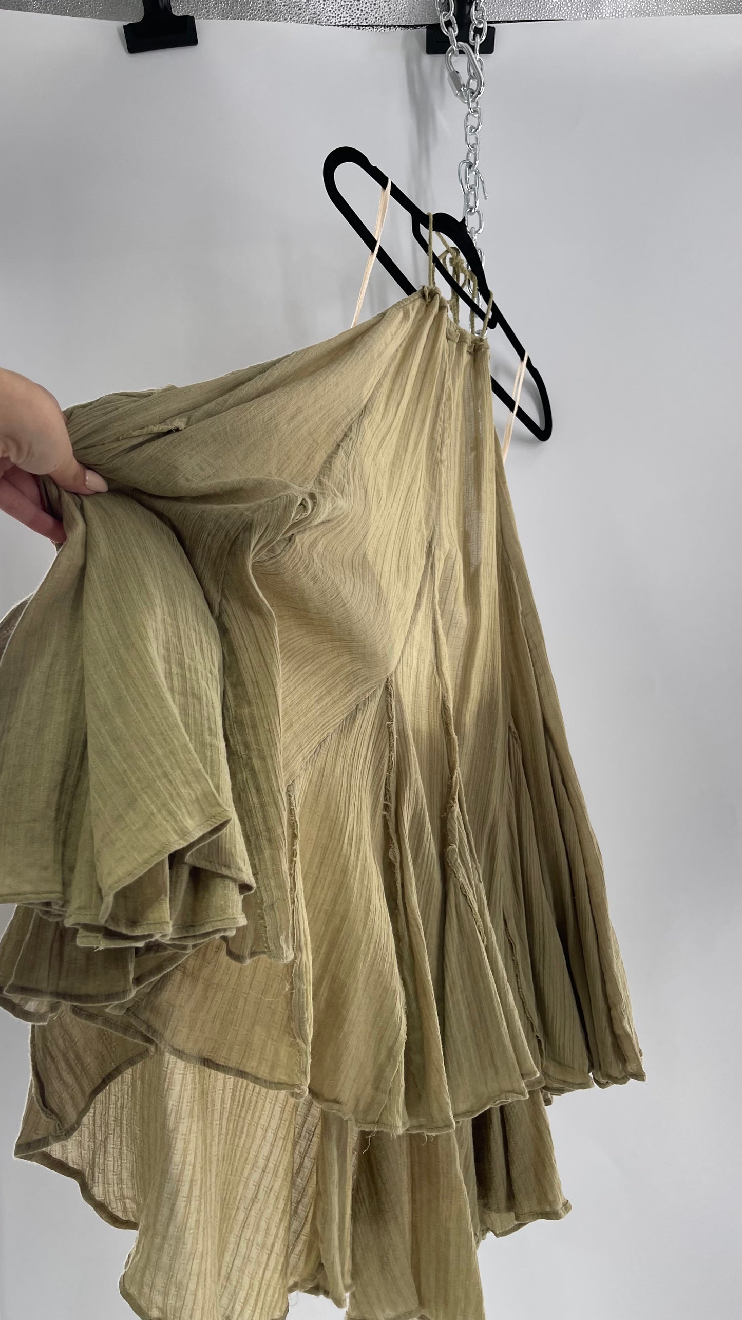 Free People Olive Sage Gauze/Cotton Halter Backless Dress (M)
