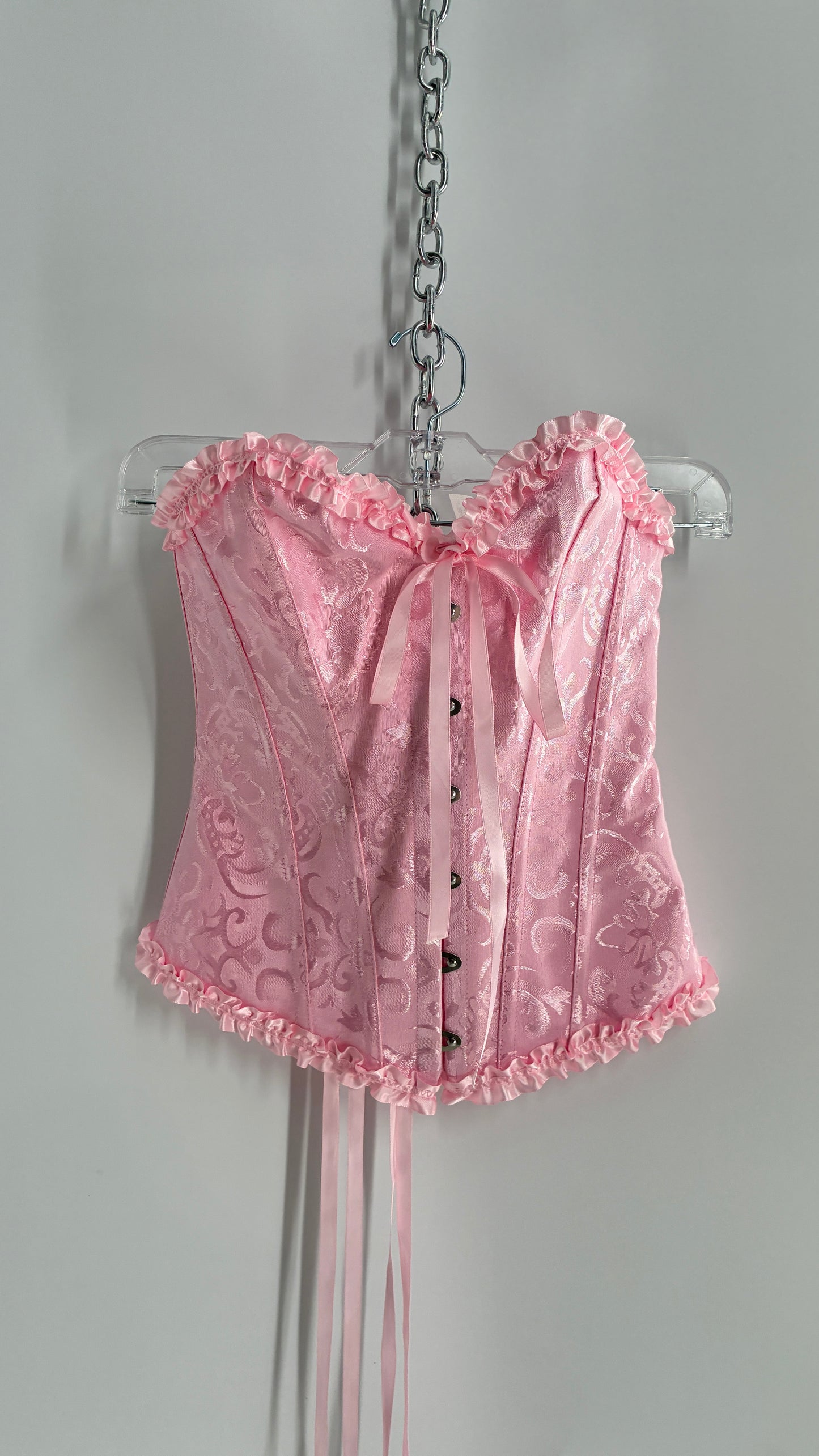 Baby Pink Ruffled Lace Trim Corset with Tie Bust Detail (Small)