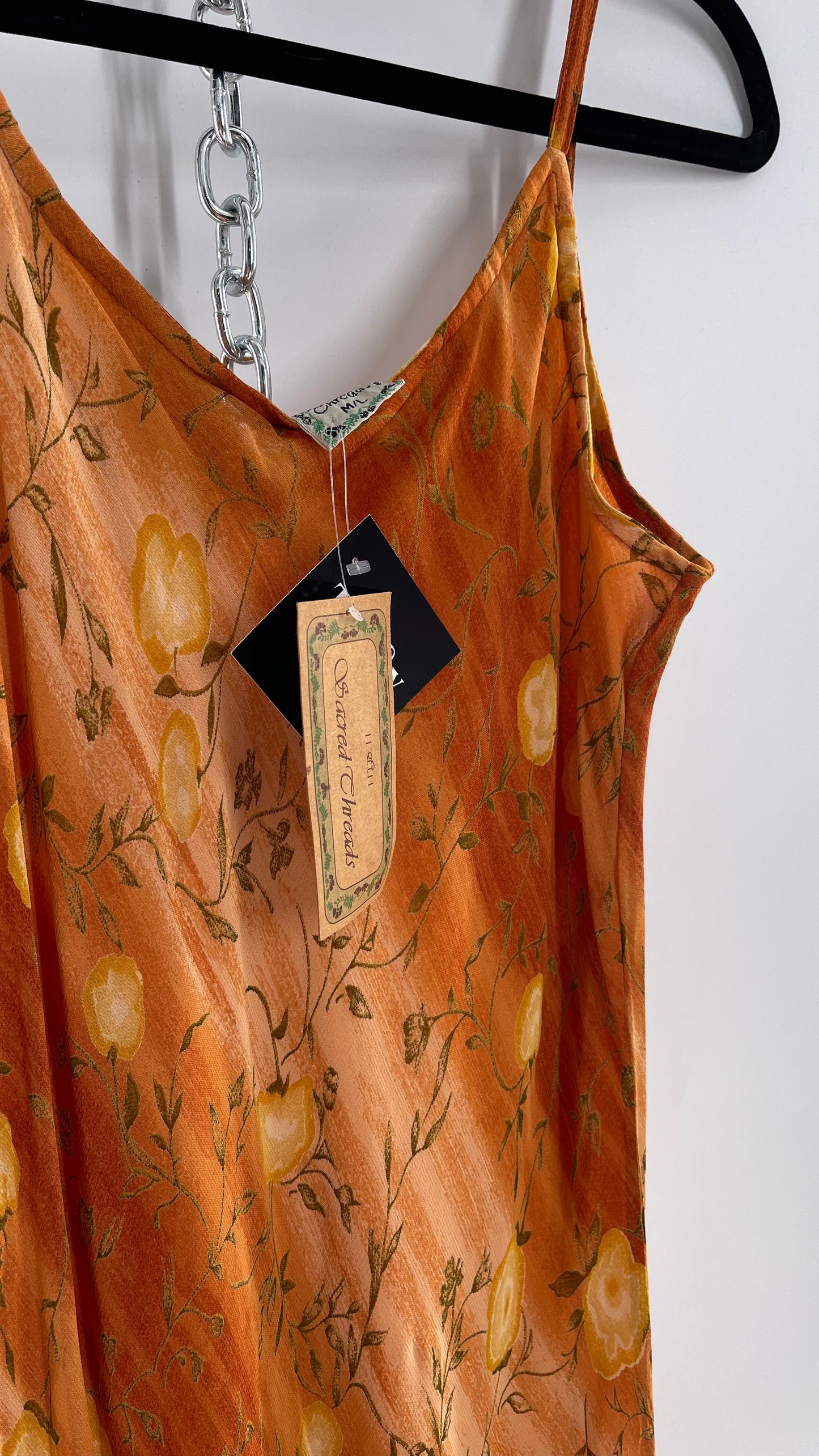 Deadstock Vintage 1990s Sacred Threads Midi Sunset Ombré Dress with Yellow Flowers (M/L)