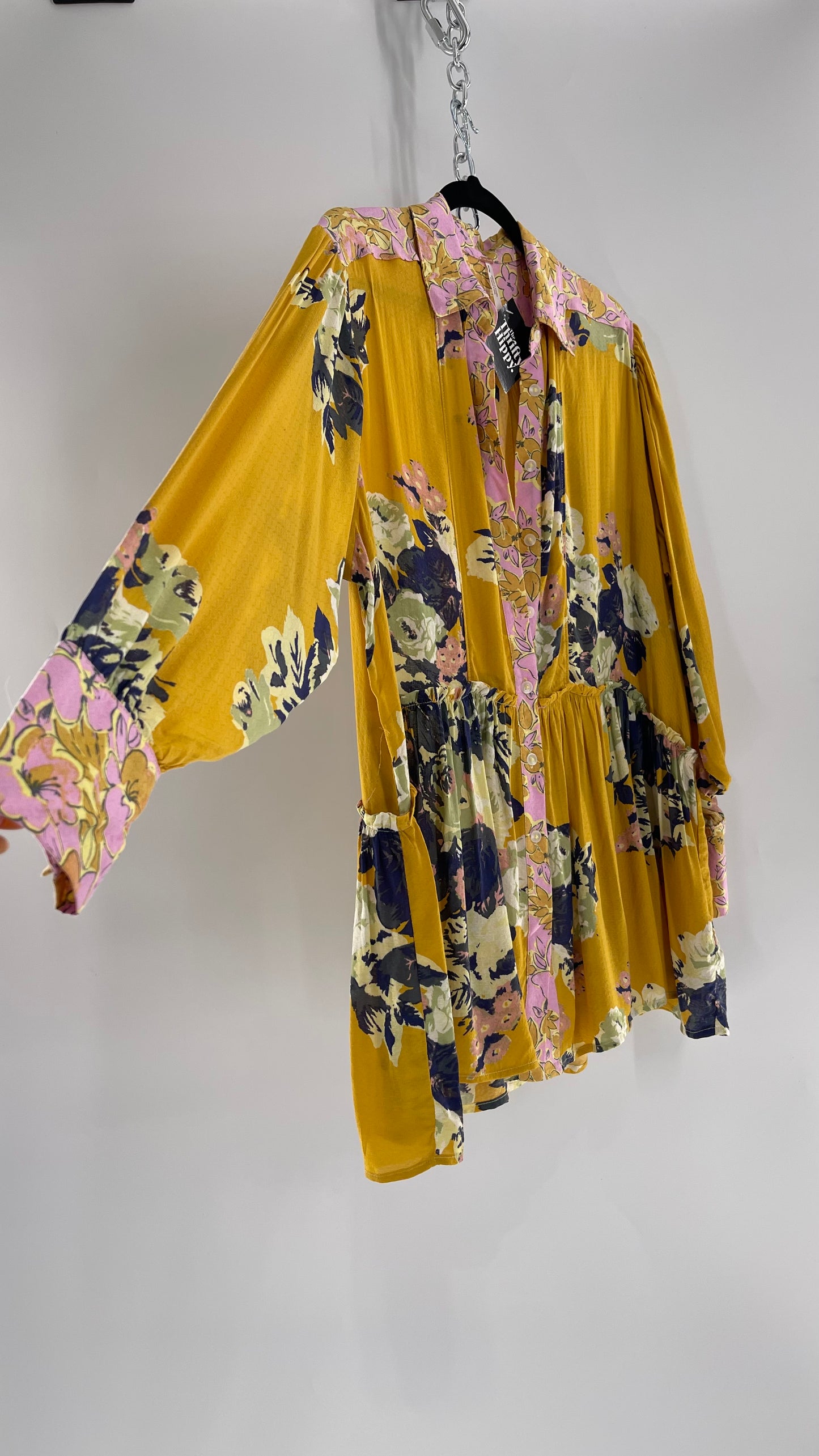 Free People Oversized Button Up Contrast Pattern Yellow Floral Blouse (XS)
