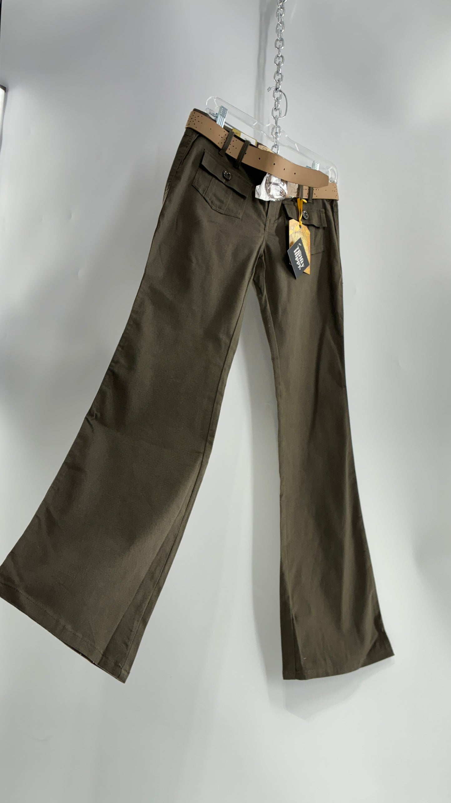 Deadstock Vintage MOKACHINO Olive Green Low Rise Kickflares with Hip/Bum Pockets and Built in Belt (7)